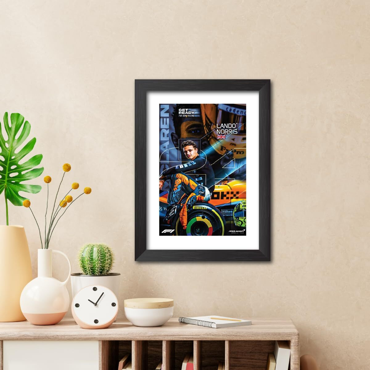 Tenorarts Lando Norris F1 Poster Mclaren Racing Car Formula One Photo Framed Painting With Black Wooden Textures (12Inches X 9Inches)