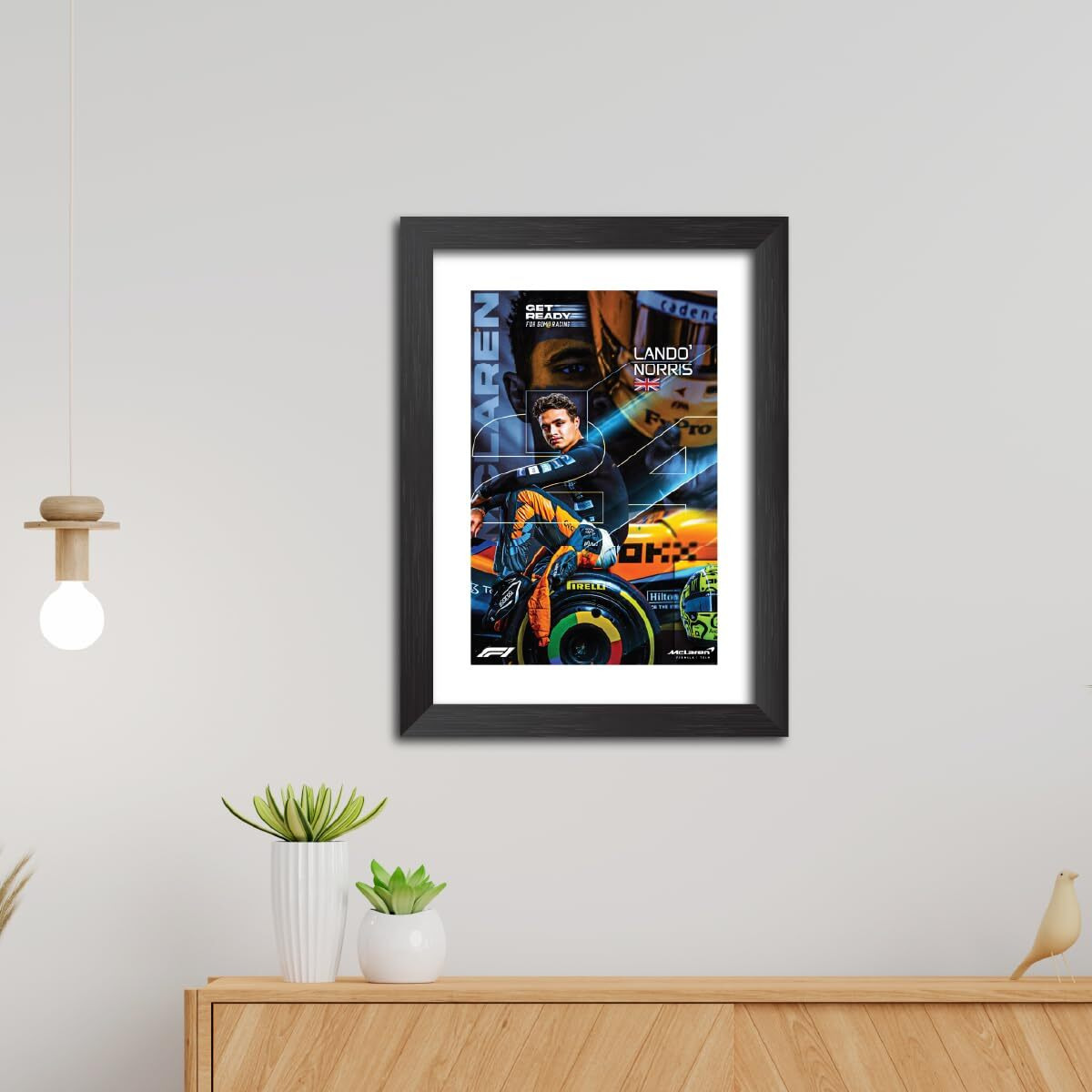 Tenorarts Lando Norris F1 Poster Mclaren Racing Car Formula One Photo Framed Painting With Black Wooden Textures (12Inches X 9Inches)