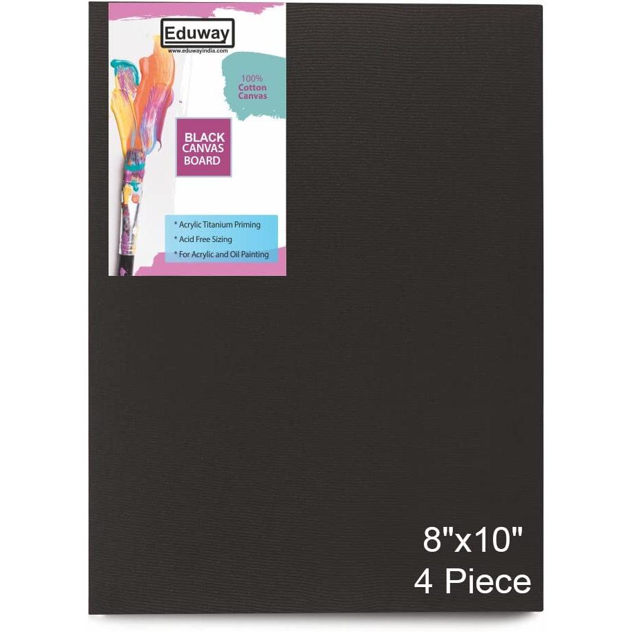 Eduway Medium Grain 8X10 Inch Cotton Black Canvas Board- Pack Of 4, (20X25 Cms) With 4Mm Mdf Board Backing, For Painting.