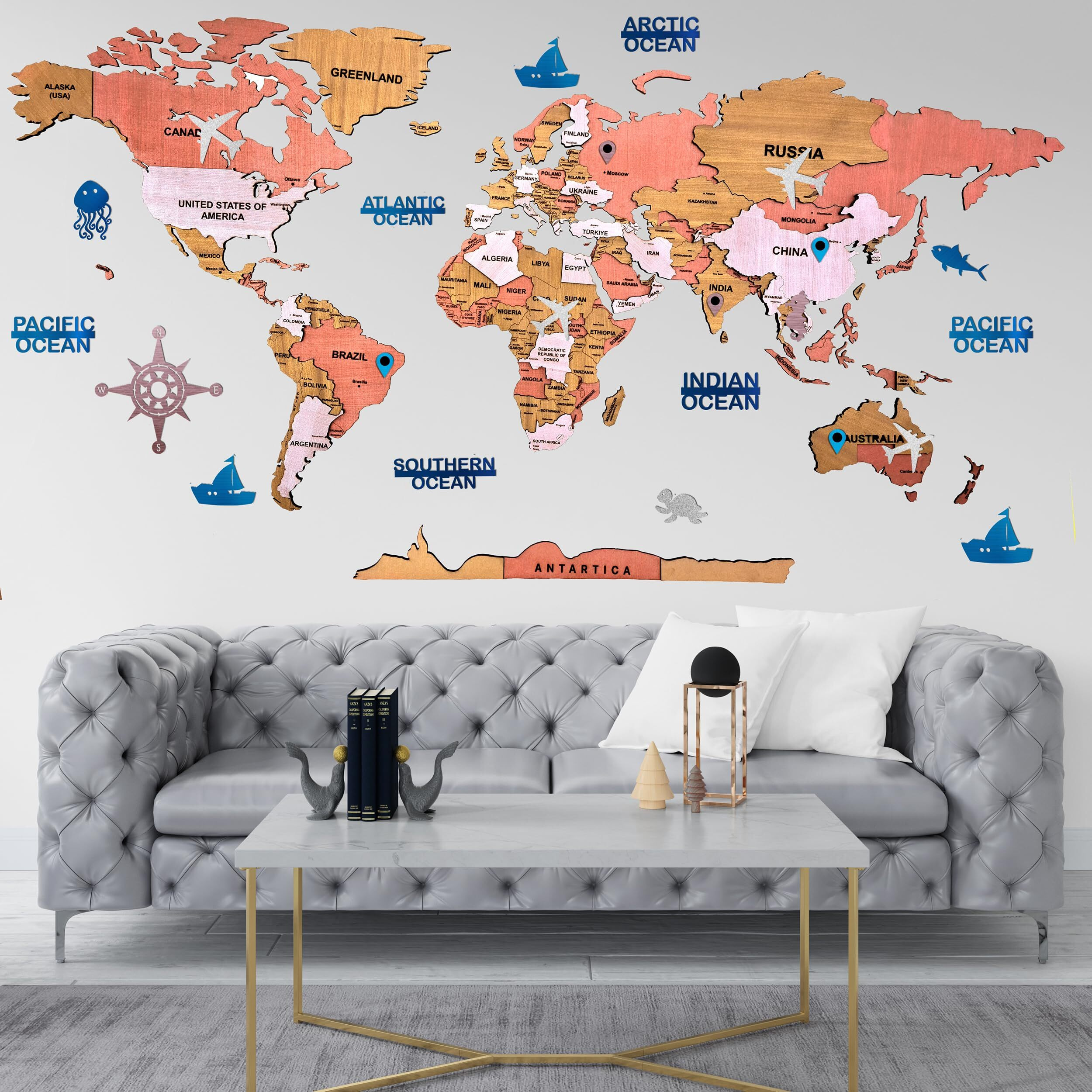 3D Wooden World Map Wall Decor - Metallic Color - Perfect Home Wall Decor For Travel Enthusiasts
