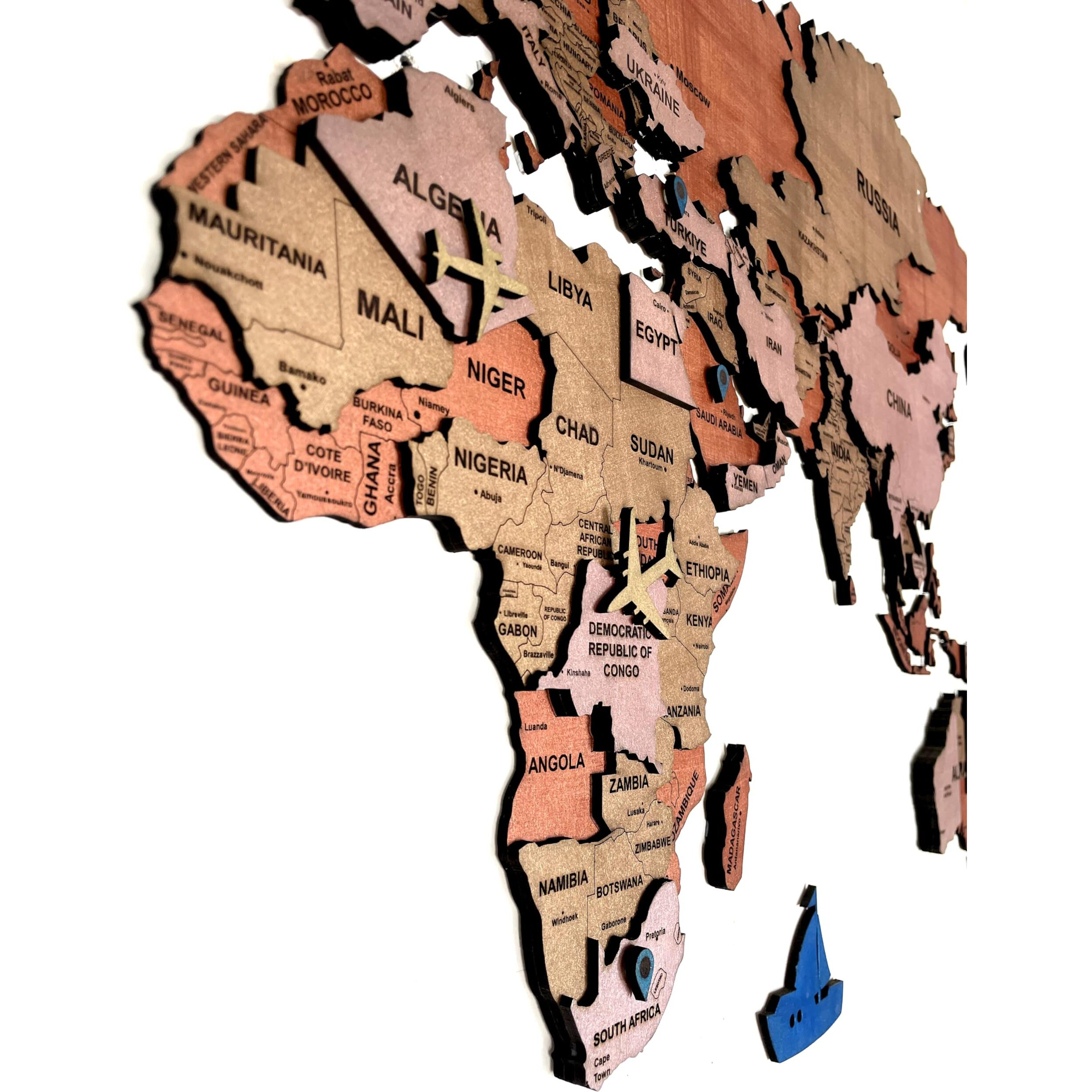 3D Wooden World Map Wall Decor - Metallic Color - Perfect Home Wall Decor For Travel Enthusiasts