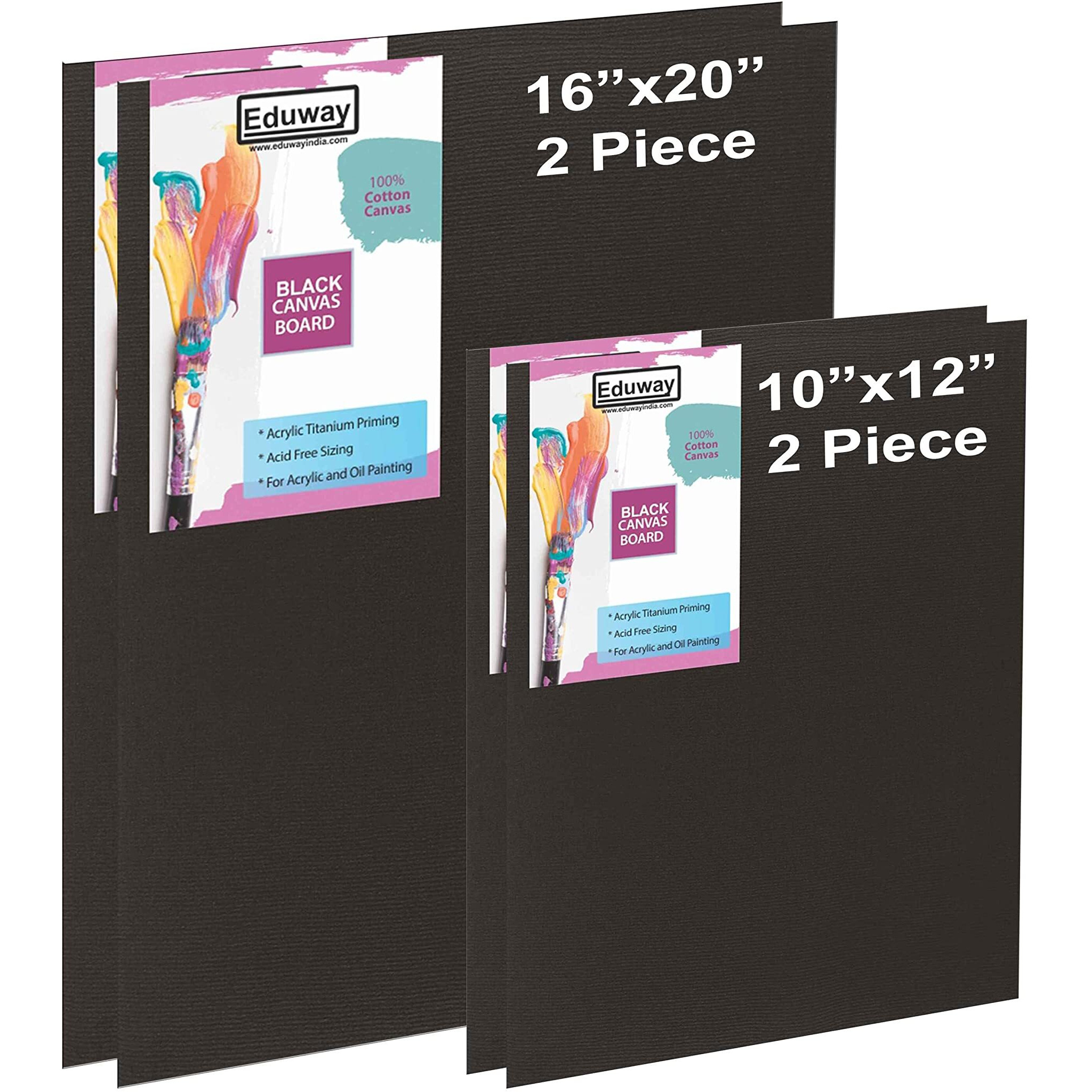 Eduway Medium Grain 10X12, 16X20 Inch Cotton Black Canvas Board (Each 2) With 4Mm Mdf Board Backing, For Painting-(Pack Of 4)