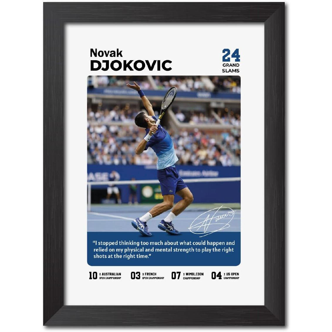 Tenorarts Novak Djokovic Poster With Quote Tennis Player Laminated Photo Framed Painting With Matt Finish Black Textures (9 Inches X 12 Inches)