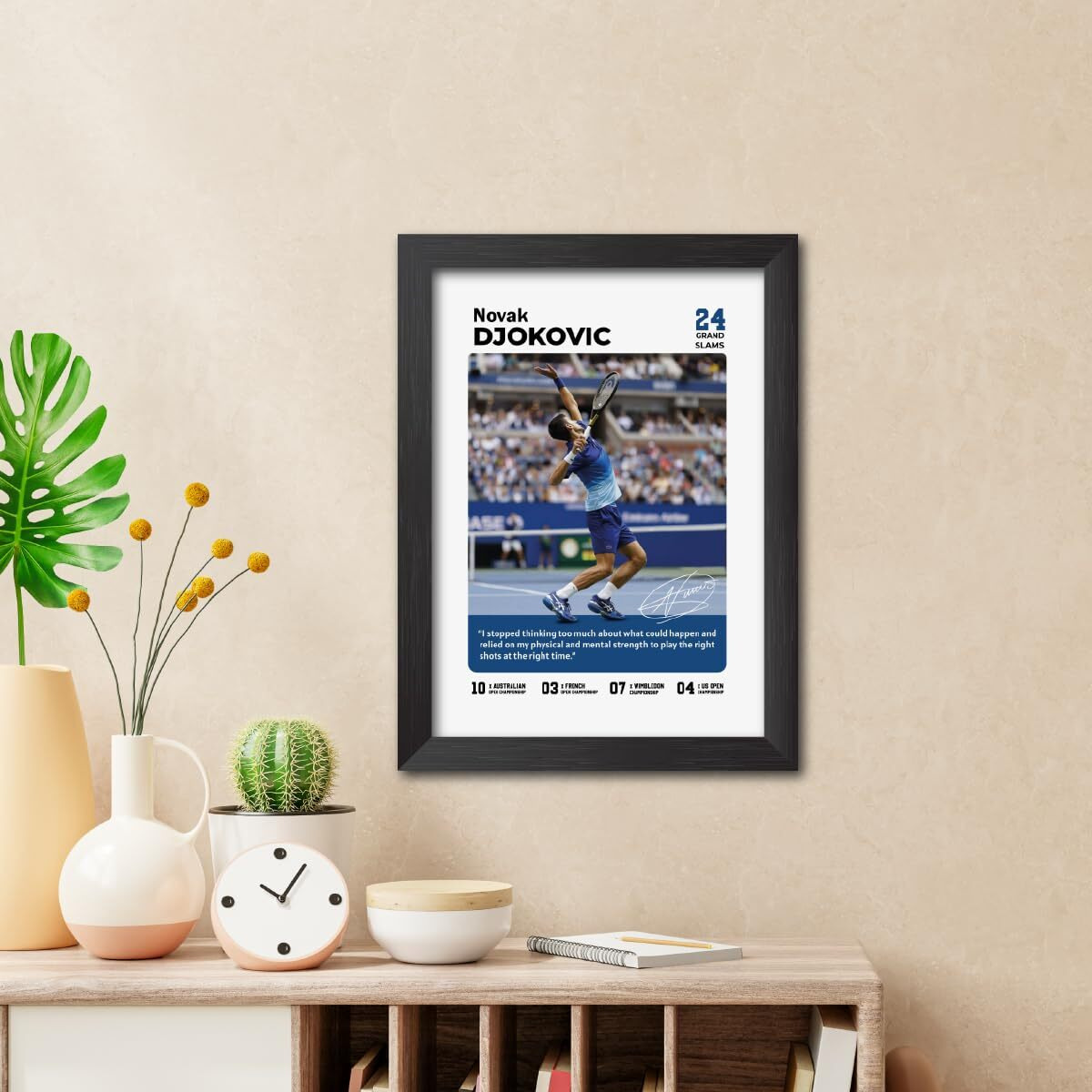 Tenorarts Novak Djokovic Poster With Quote Tennis Player Laminated Photo Framed Painting With Matt Finish Black Textures (9 Inches X 12 Inches)