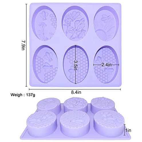 Beverlion 2 Pack Soap Molds Silicon Molds, 3D Bee Silicone Soap Molds, 6-Cavity Soap Molds, Honeycomb Baking Mold, Mold For Cupcake, Muffin, Loaf, Brownie, Corn Bread, Pudding, Ice Cube (Lavender)