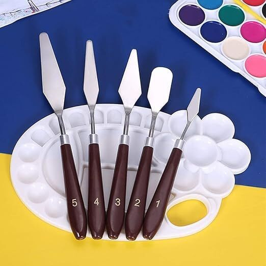 Freedy Palette Painting Knives - Set Of 5 Various Sizes & Shapes, Stainless Steel Scraper Spatula With Polished Brown Handle For Artist Canvas Oil Paint Mixing Colour(A)