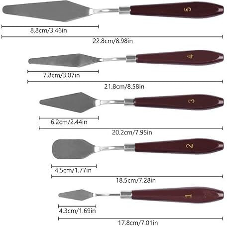 Freedy Palette Painting Knives - Set Of 5 Various Sizes & Shapes, Stainless Steel Scraper Spatula With Polished Brown Handle For Artist Canvas Oil Paint Mixing Colour(A)