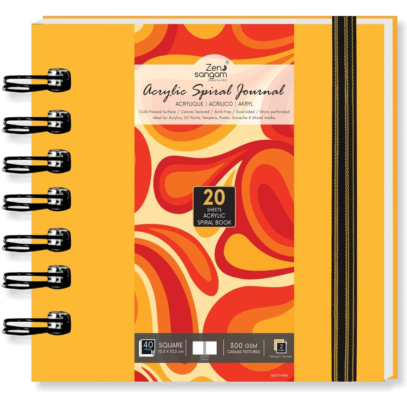 Zen Sangam Artists - Spiral Acrylics Journal - Square - 300 Gsm - Canvas Texture - Cold Pressed Sketchbook - (40 Pages) - Size (10.5Cmx10.5Cm) - Wiro Acrylics Art Book - Golden Yellow