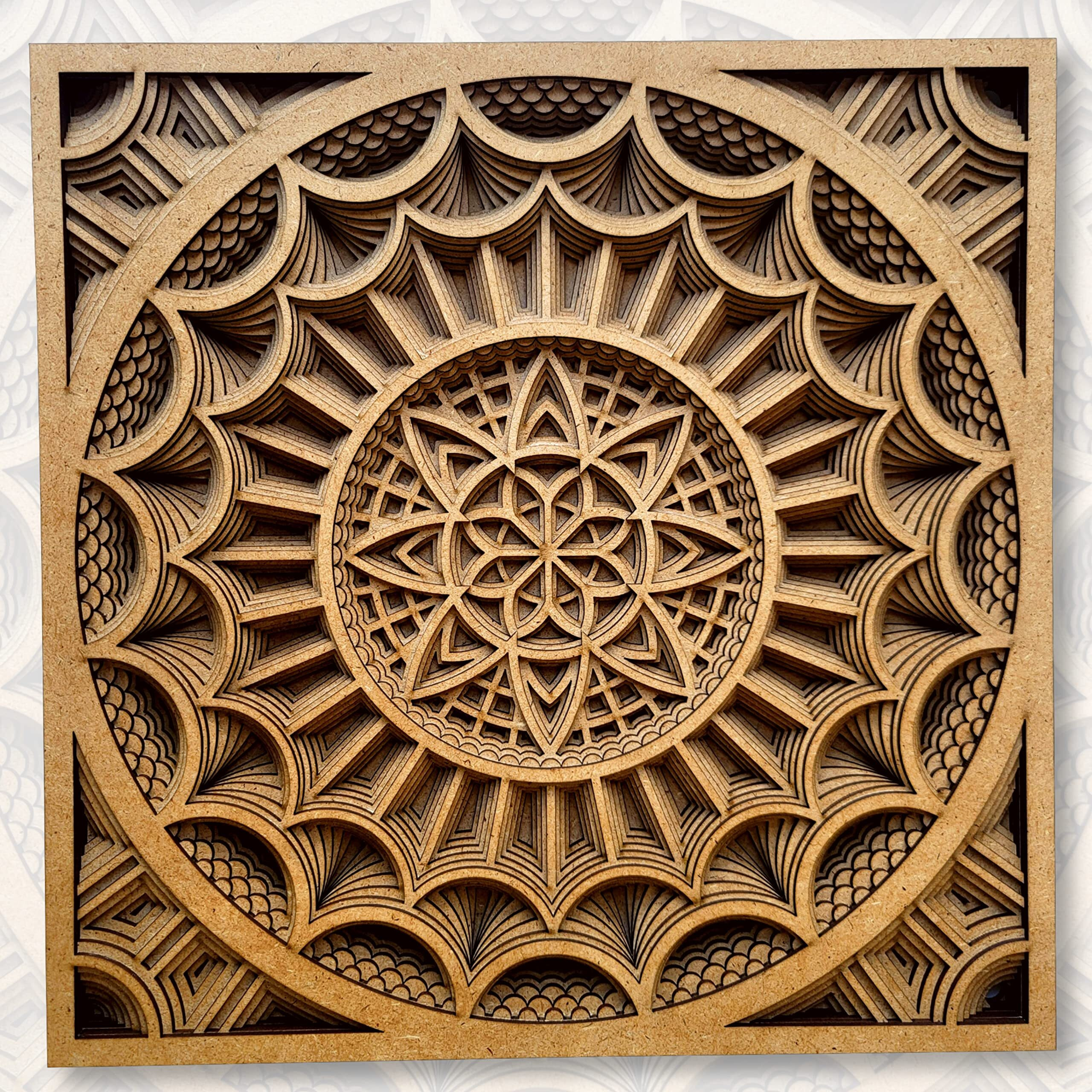 Gloridec Wooden 3D Laser Cut Decorative Mandala Wall Decor | Decorative Multi Layered Rectangle Mandala Wall Art, Living Room Wall Hanging (12" X 12" Inch)