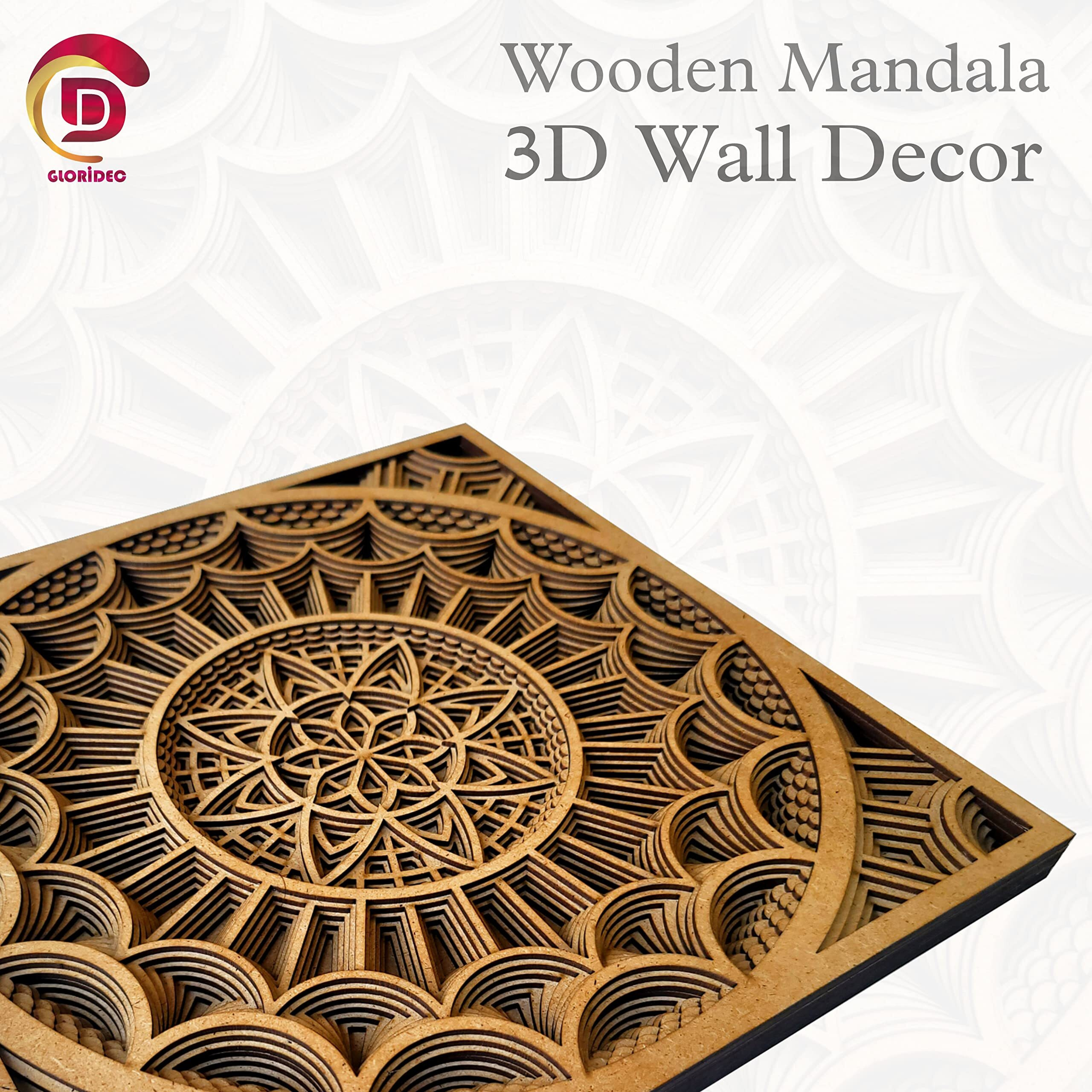 Gloridec Wooden 3D Laser Cut Decorative Mandala Wall Decor | Decorative Multi Layered Rectangle Mandala Wall Art, Living Room Wall Hanging (12" X 12" Inch)