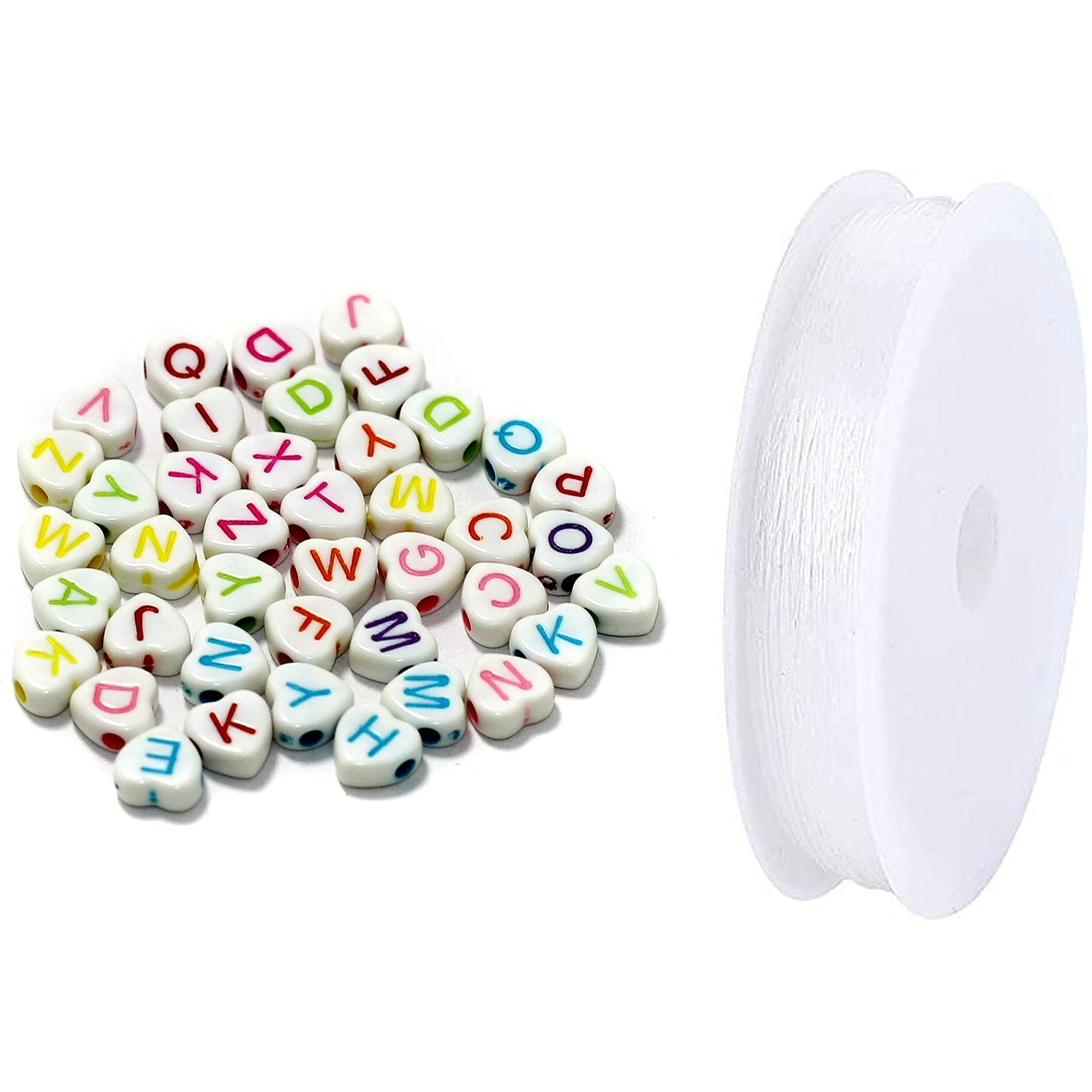 Beadsnfashion 500 Pcs Acrylic Heart A To Z C Alphabets Letter Beads Multicolor 7Mm With 10 Mtrs Crystal String Elastic Cord For Jewellery Making, Diy Bracelets, Necklace, Key Chains And Kids Jewellery