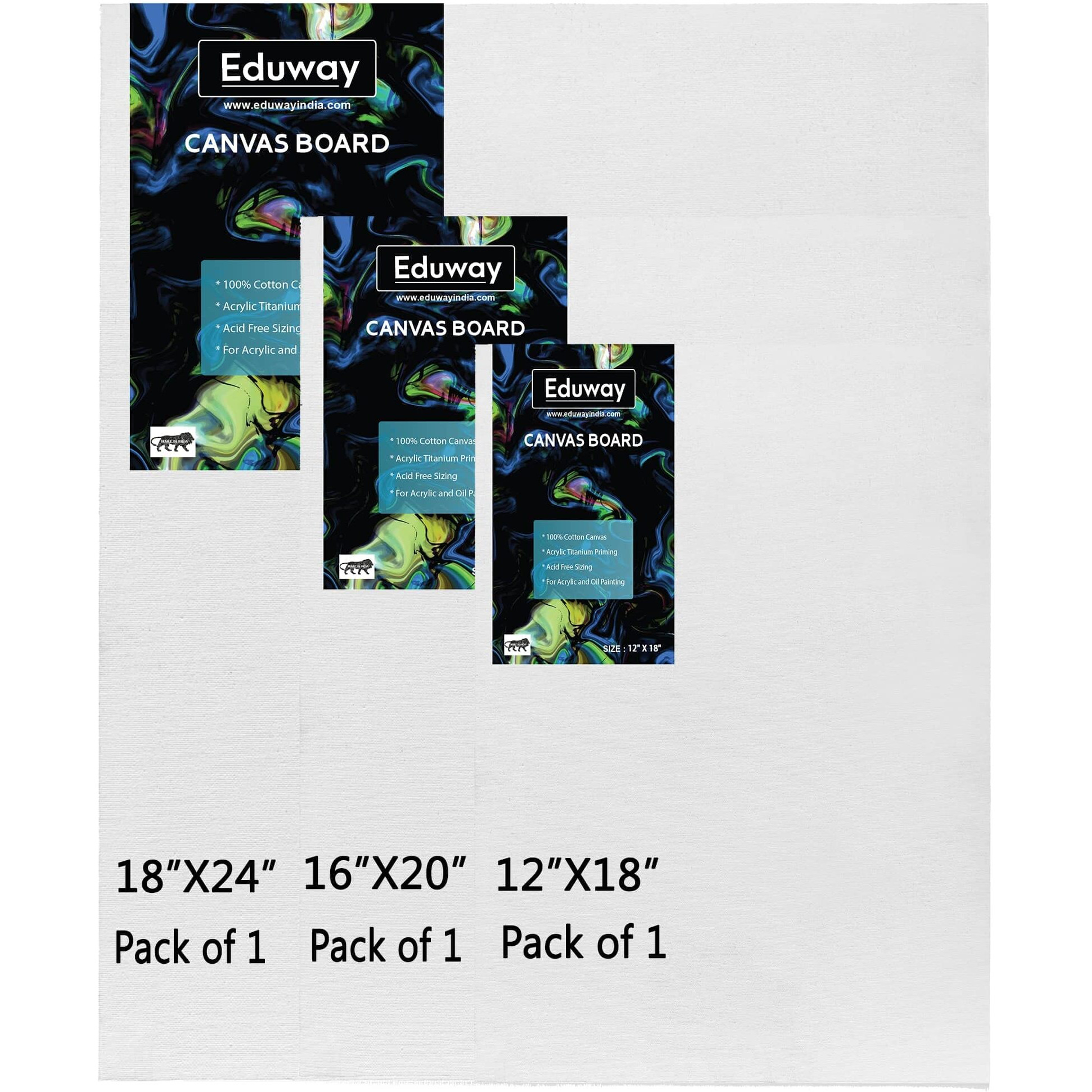 Eduway Canvas Board For Painting- (12X18|16X20|18X24) 1 Pcs Each | Premium Quality 7Oz Pre-Primed Cotton Canvas Board For Artists & Beginners | Ideal For Acrylic, Oil, Gouache, Pastels Colors ( Pack Of 3)