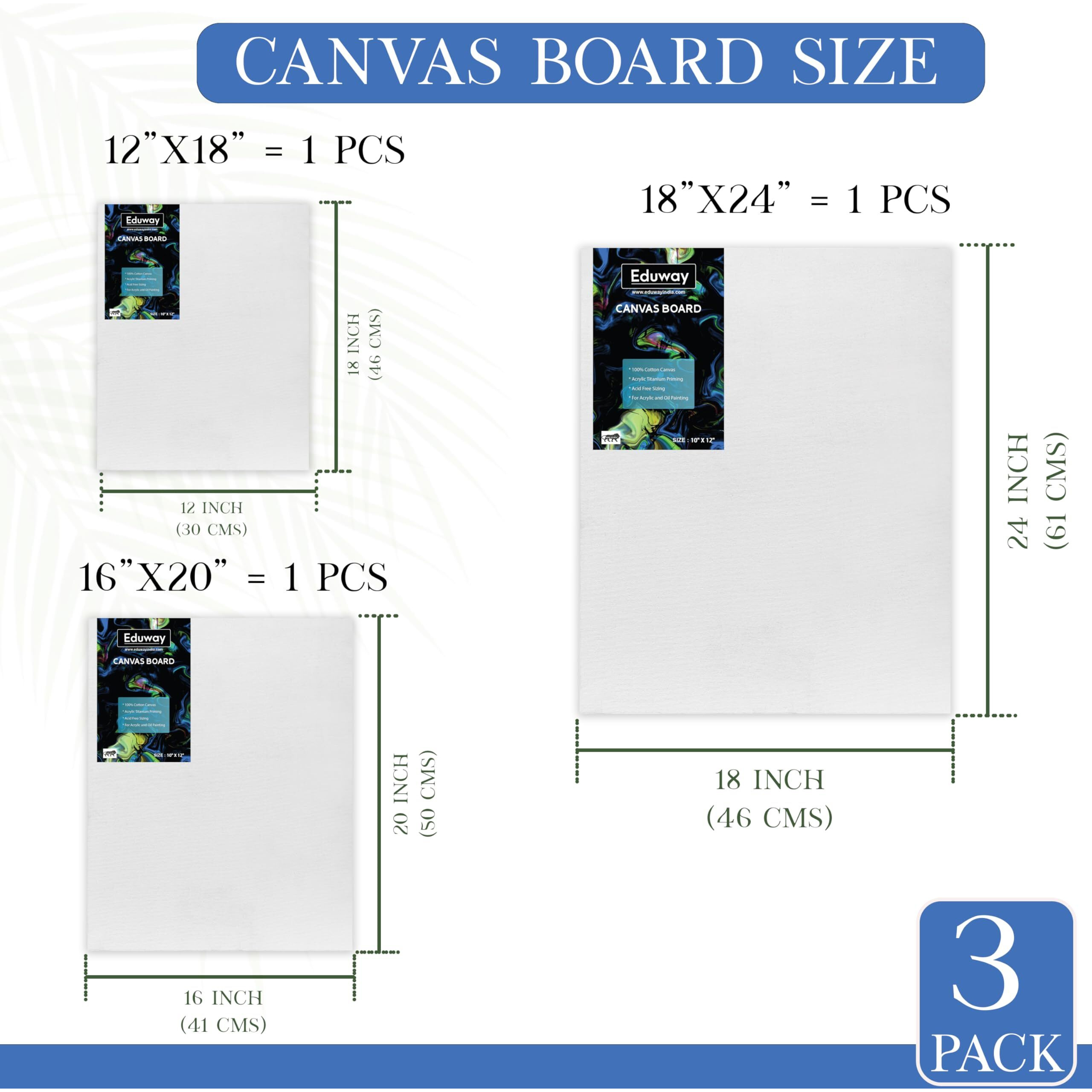 Eduway Canvas Board For Painting- (12X18|16X20|18X24) 1 Pcs Each | Premium Quality 7Oz Pre-Primed Cotton Canvas Board For Artists & Beginners | Ideal For Acrylic, Oil, Gouache, Pastels Colors ( Pack Of 3)