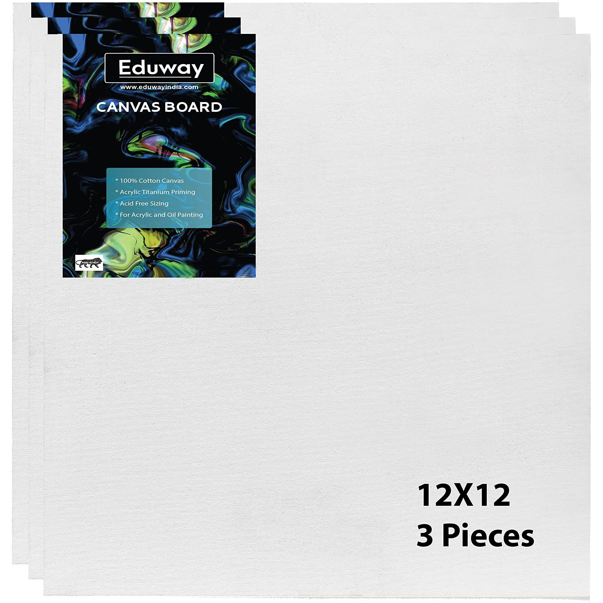 Eduway Canvas Board For Painting- (12X12) | Premium Quality 7Oz Pre-Primed Cotton Canvas Board For Artists & Beginners | Ideal For Acrylic, Oil, Gouache, Pastels Colors (Pack Of 3) (30X30 Cms)