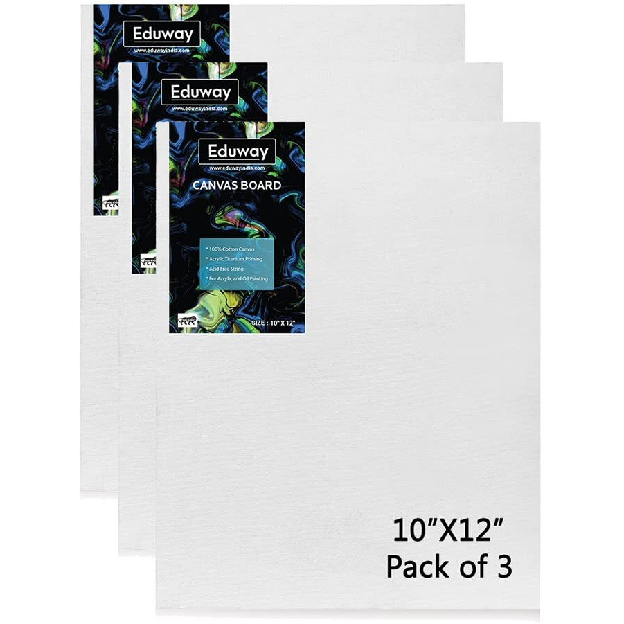 Eduway Canvas Board For Painting- (10X12) 3 Pcs Each | Premium Quality 7Oz Pre-Primed Cotton Canvas Board For Artists & Beginners | Ideal For Acrylic, Oil, Gouache, Pastels Colors ( Pack Of 3) (25X30 Cms)