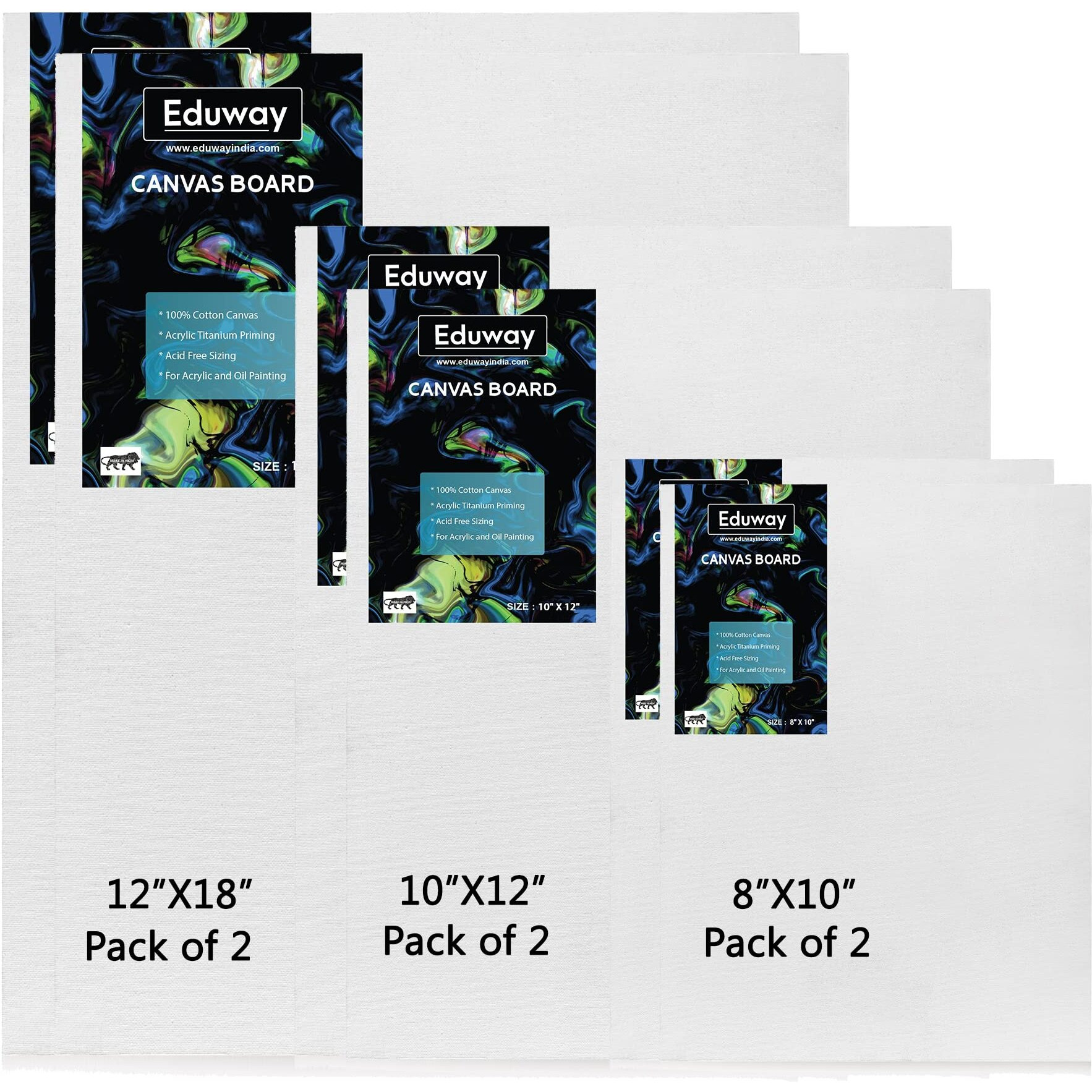 Eduway Canvas Board For Painting- (8X10 | 10X12 | 12X18) 2 Each | Premium Quality 7Oz Pre-Primed Cotton Canvas Board For Artists & Beginners | Ideal For Acrylic, Oil, Gouache, Pastels Colors ( Pack Of 6) (20X25, 25X30 30X45 Cms)