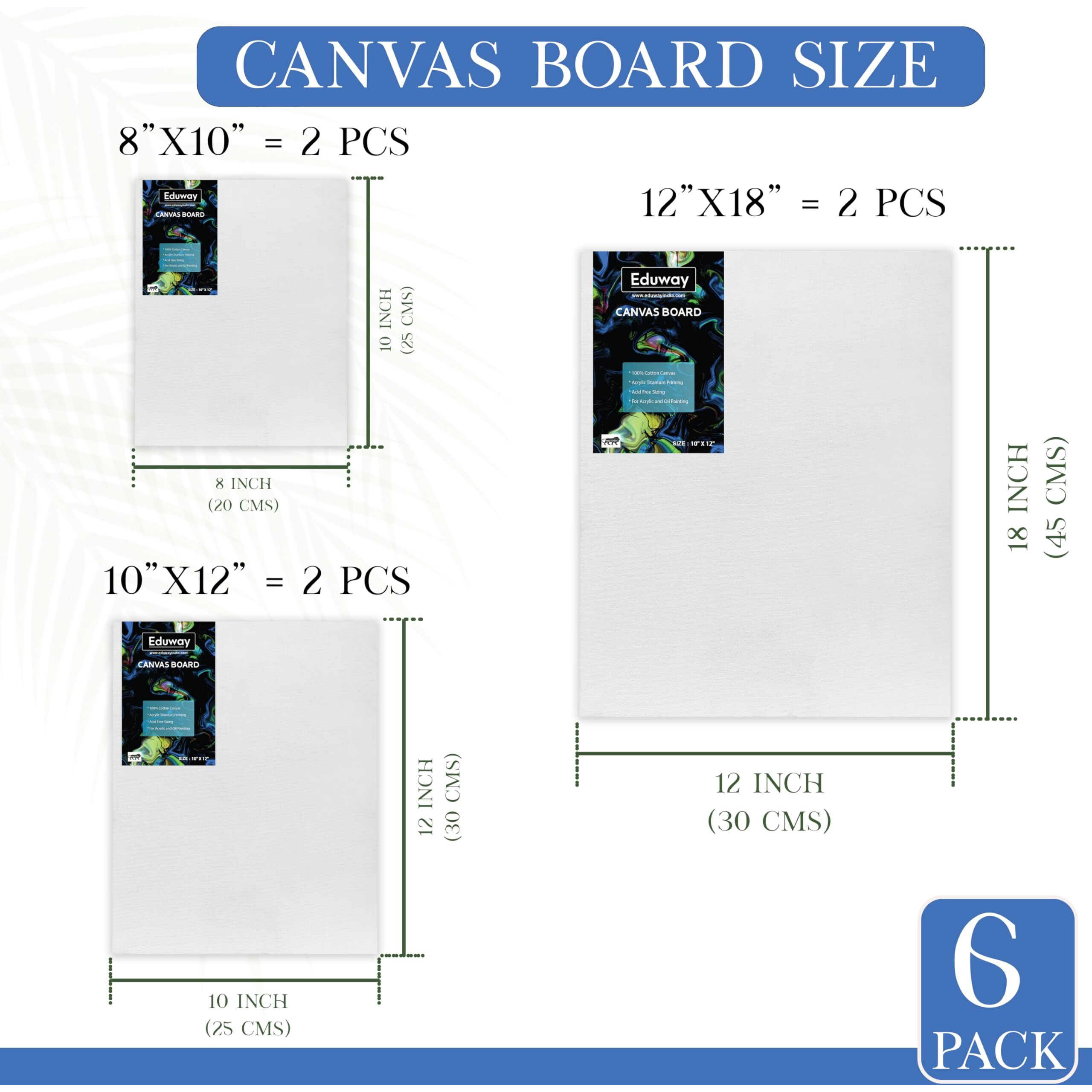 Eduway Canvas Board For Painting- (8X10 | 10X12 | 12X18) 2 Each | Premium Quality 7Oz Pre-Primed Cotton Canvas Board For Artists & Beginners | Ideal For Acrylic, Oil, Gouache, Pastels Colors ( Pack Of 6) (20X25, 25X30 30X45 Cms)