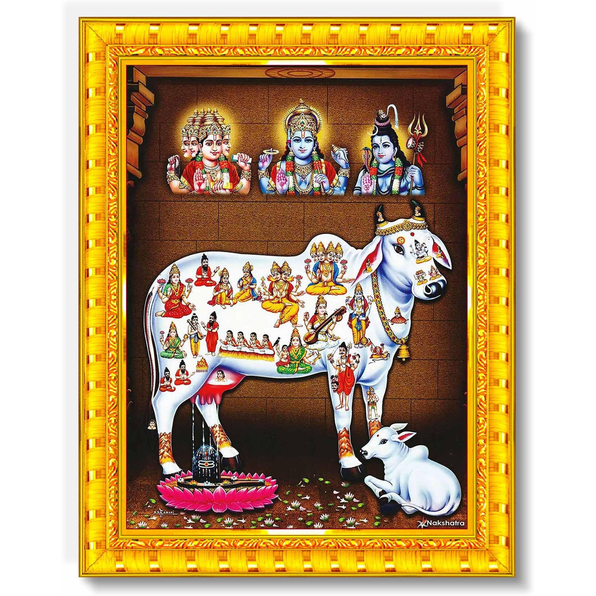 Pavan Photo Laminations Gomatha Gomata Komatha Cow And Calf Kamdhenu Wall Painting Framed Home Decor (Wood,Matte,Gold,Big Size,10 X 12 Inch) R854M