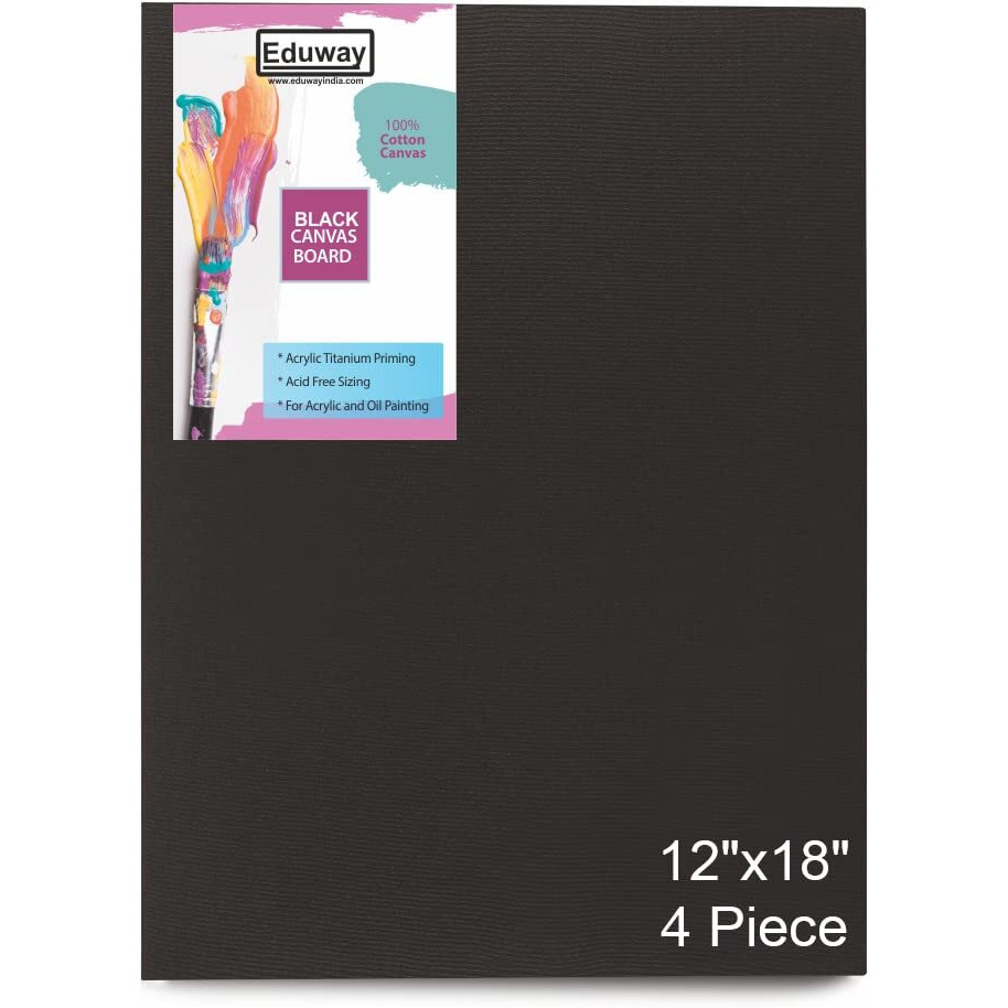 Eduway Medium Grain 12X18 Inch Cotton Black Canvas Board- Pack Of 4, (30X45 Cms) With 4Mm Mdf Board Backing, For Painting.