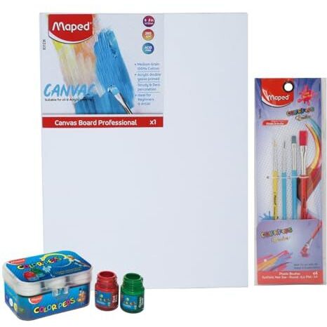 Maped Painting Kit - 11Pc Set|6 Poster Colours |One 100% Cotton Canvas Board(Size- 6" X 8")|Four Paint Brushes - (Round Size-0,2 & Flat Sizes- 2,6) | Painting Set For Adults And Kids