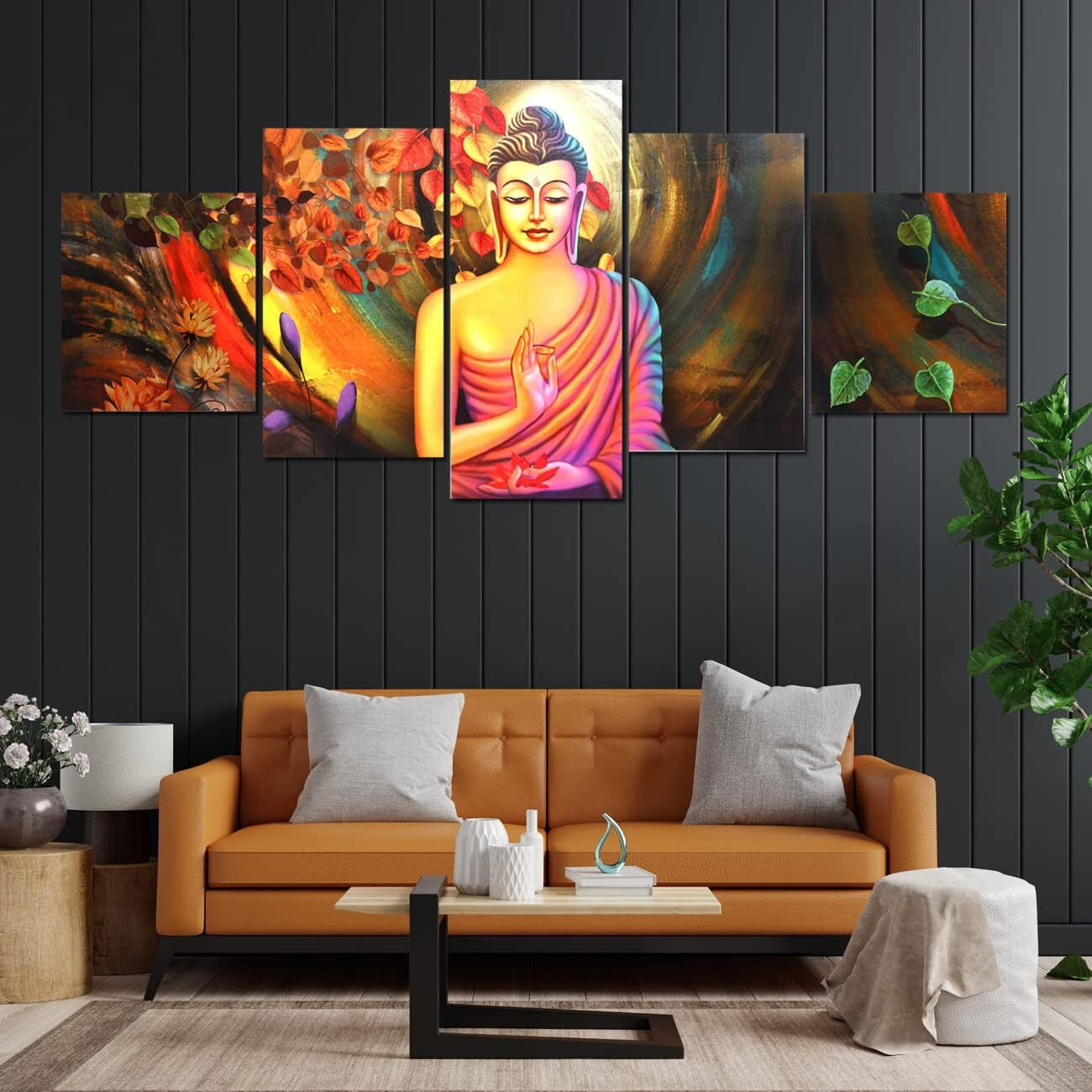 Perpetual Buddha Paintings For Wall Decoration - Set Of Five, 3D Scenery Vastu Painting For Living Room Large Size With Frames For Home Decoration, Hotel, Office