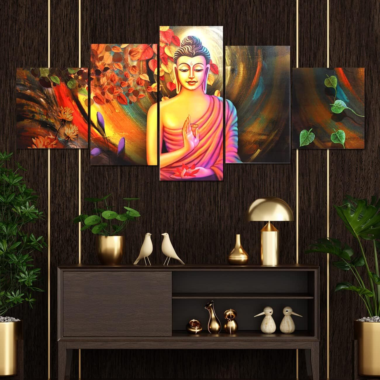 Perpetual Buddha Paintings For Wall Decoration - Set Of Five, 3D Scenery Vastu Painting For Living Room Large Size With Frames For Home Decoration, Hotel, Office