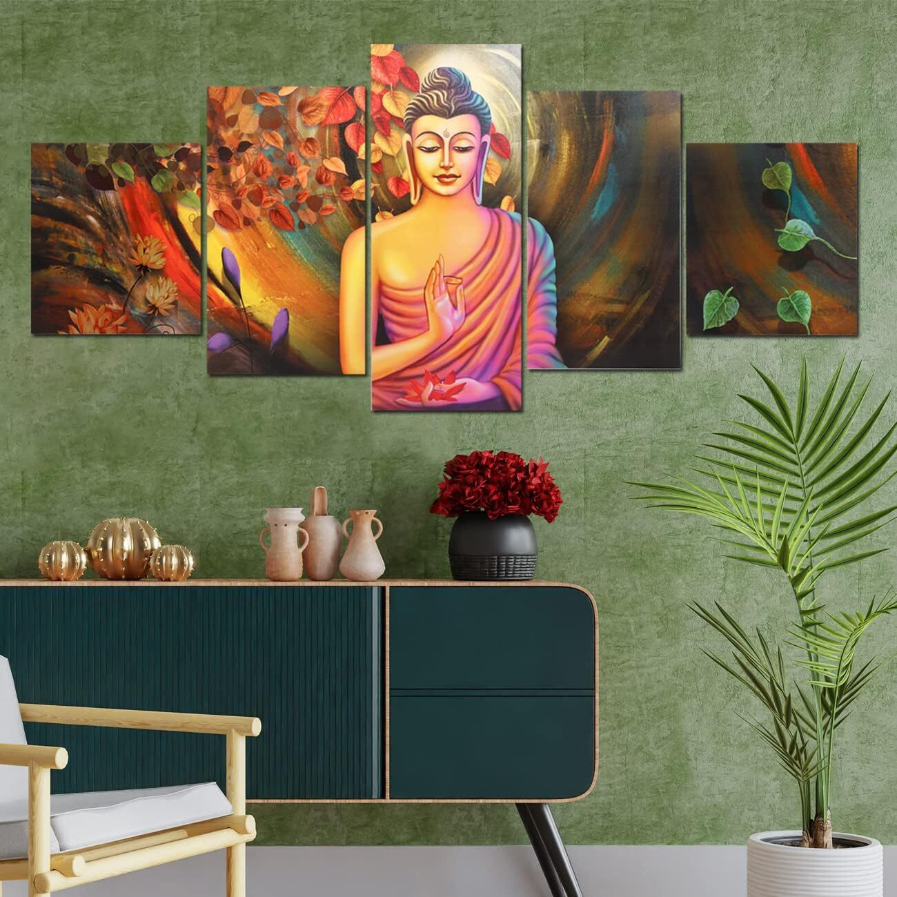 Perpetual Buddha Paintings For Wall Decoration - Set Of Five, 3D Scenery Vastu Painting For Living Room Large Size With Frames For Home Decoration, Hotel, Office