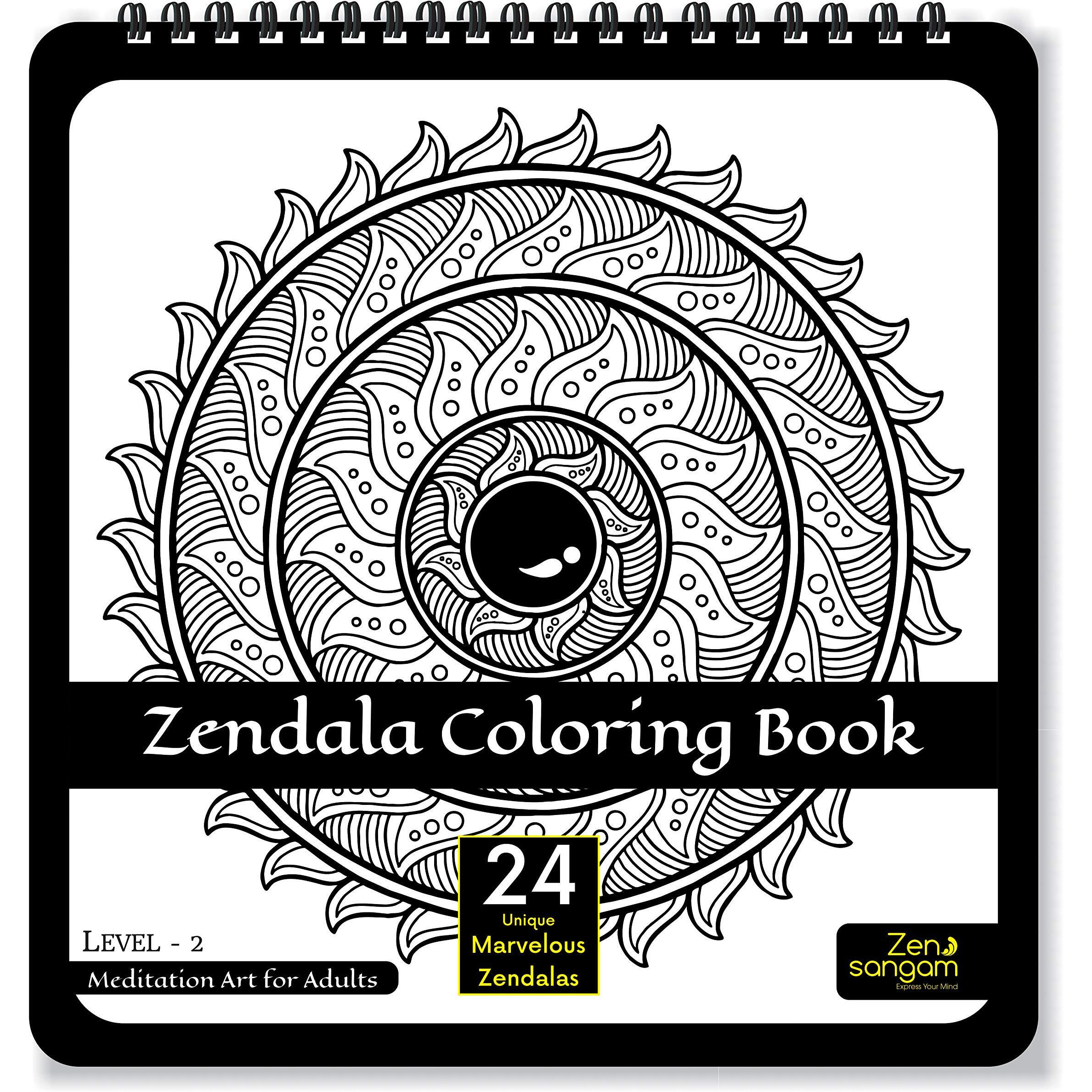 Zen Sangam Zendala Colouring Books For Adults - Zentangle + Mandala - Mindful Designs - Coloring, Drawing, Painting - Instant Stress Relief And Relaxation - Level 2