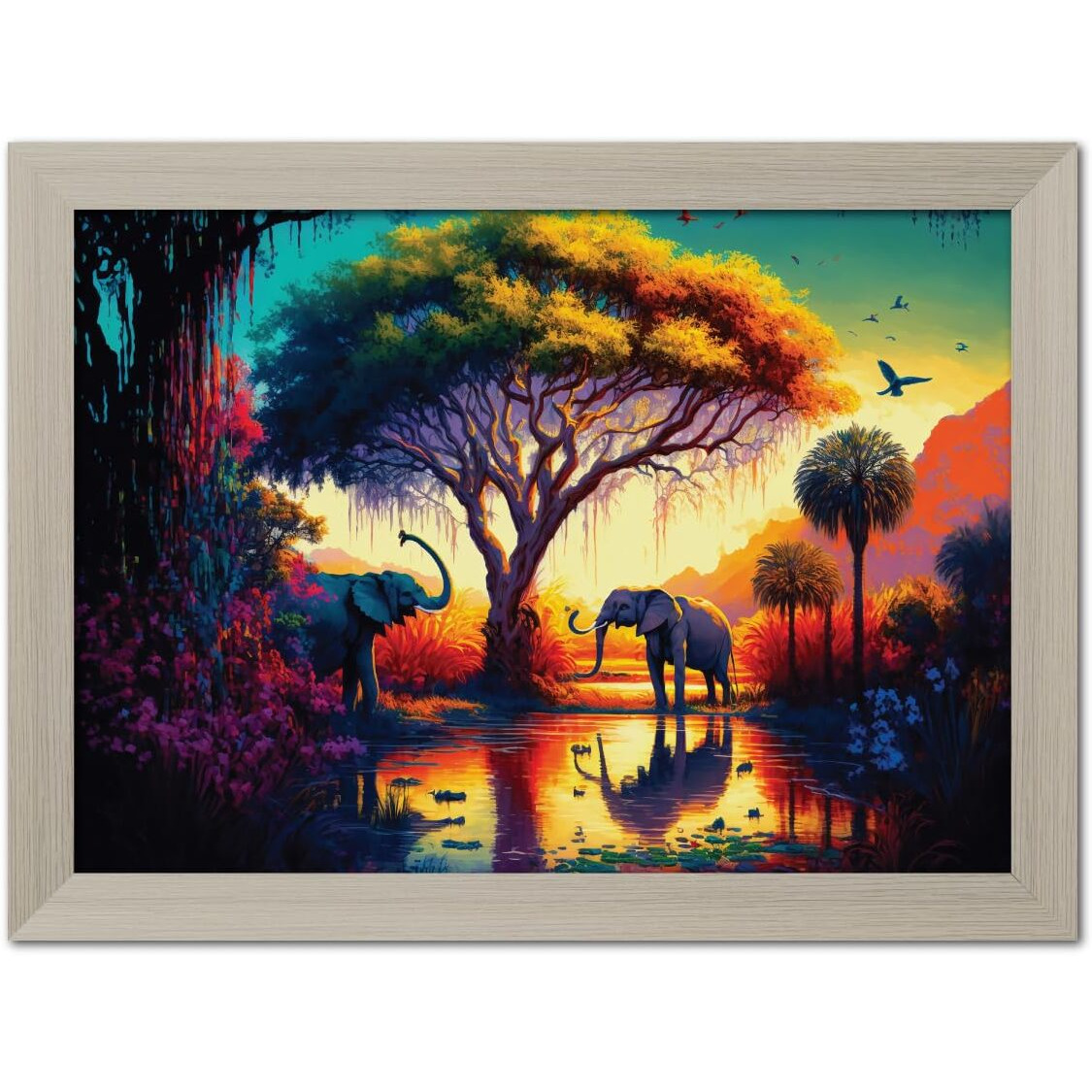 Tenorarts Elephant In Forrest Abstract Modern Art Framed Aesthetic Wall Painting With White Wooden Textures For Living Rooms Bedroom Office - Wall Paintings/Hangings (12Inches X 9Inches)