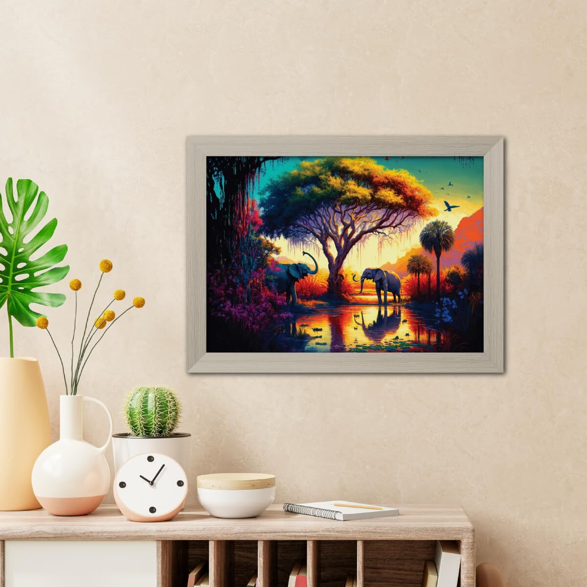 Tenorarts Elephant In Forrest Abstract Modern Art Framed Aesthetic Wall Painting With White Wooden Textures For Living Rooms Bedroom Office - Wall Paintings/Hangings (12Inches X 9Inches)