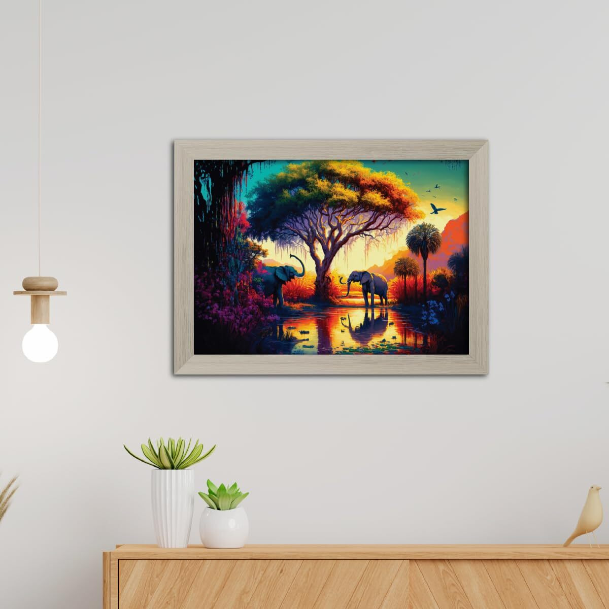 Tenorarts Elephant In Forrest Abstract Modern Art Framed Aesthetic Wall Painting With White Wooden Textures For Living Rooms Bedroom Office - Wall Paintings/Hangings (12Inches X 9Inches)