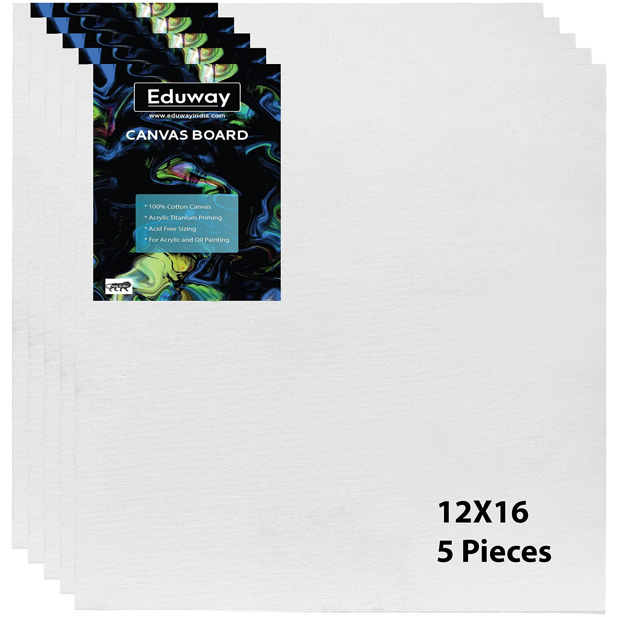 Eduway Canvas Board For Painting- (12X16) | Premium Quality 7Oz Pre-Primed Cotton Canvas Board For Artists & Beginners | Ideal For Acrylic, Oil, Gouache, Pastels Colors (Pack Of 5) (30X40 Cms).