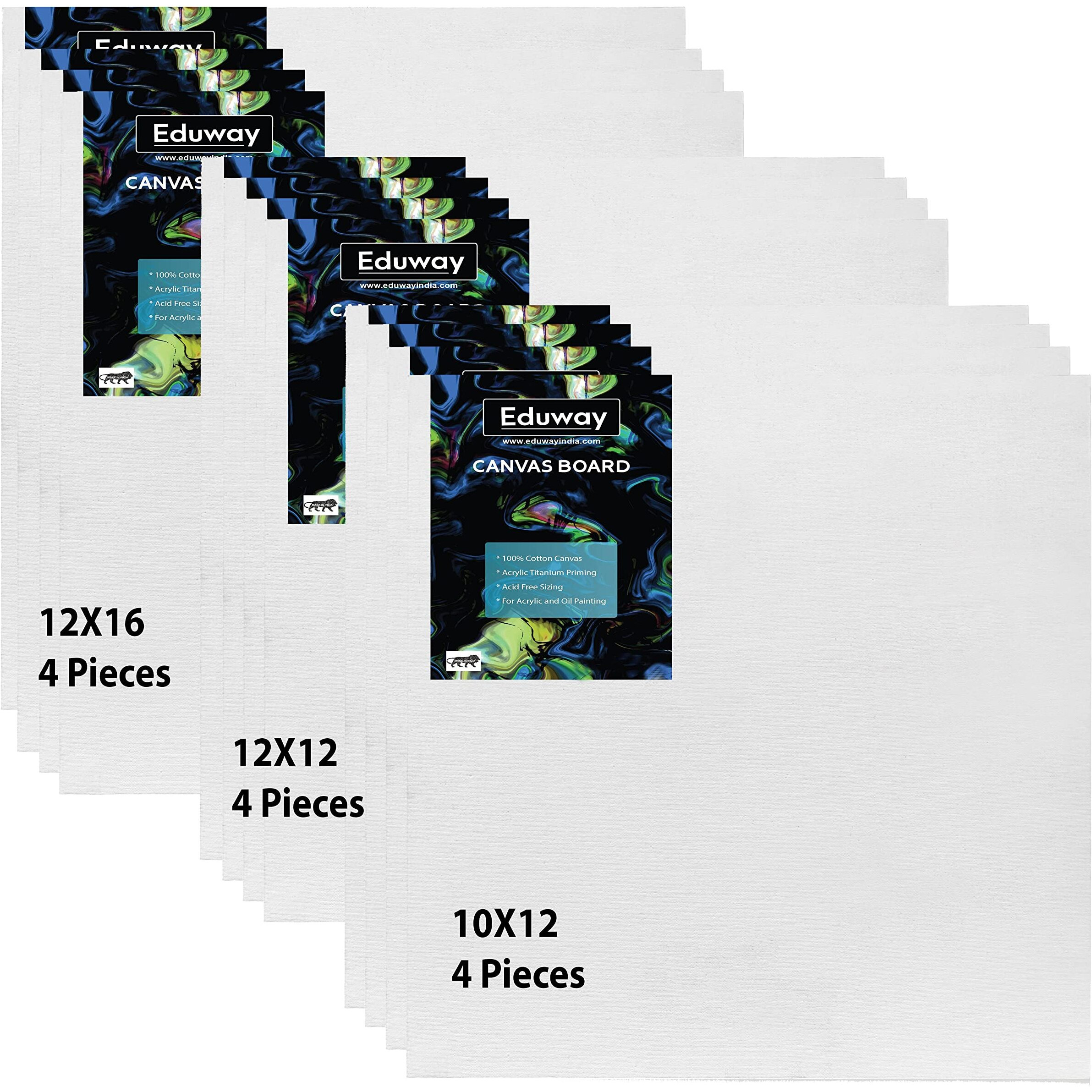 Eduway Canvas Board For Painting- (10X12|12X12|12X16) 4 Each | Premium Quality 7Oz Pre-Primed Cotton Canvas Board For Artists & Beginners | Ideal For Acrylic, Oil, Gouache, Pastels Colors ( Pack Of 12) (25X30, 30X30, 30X40 Cms)