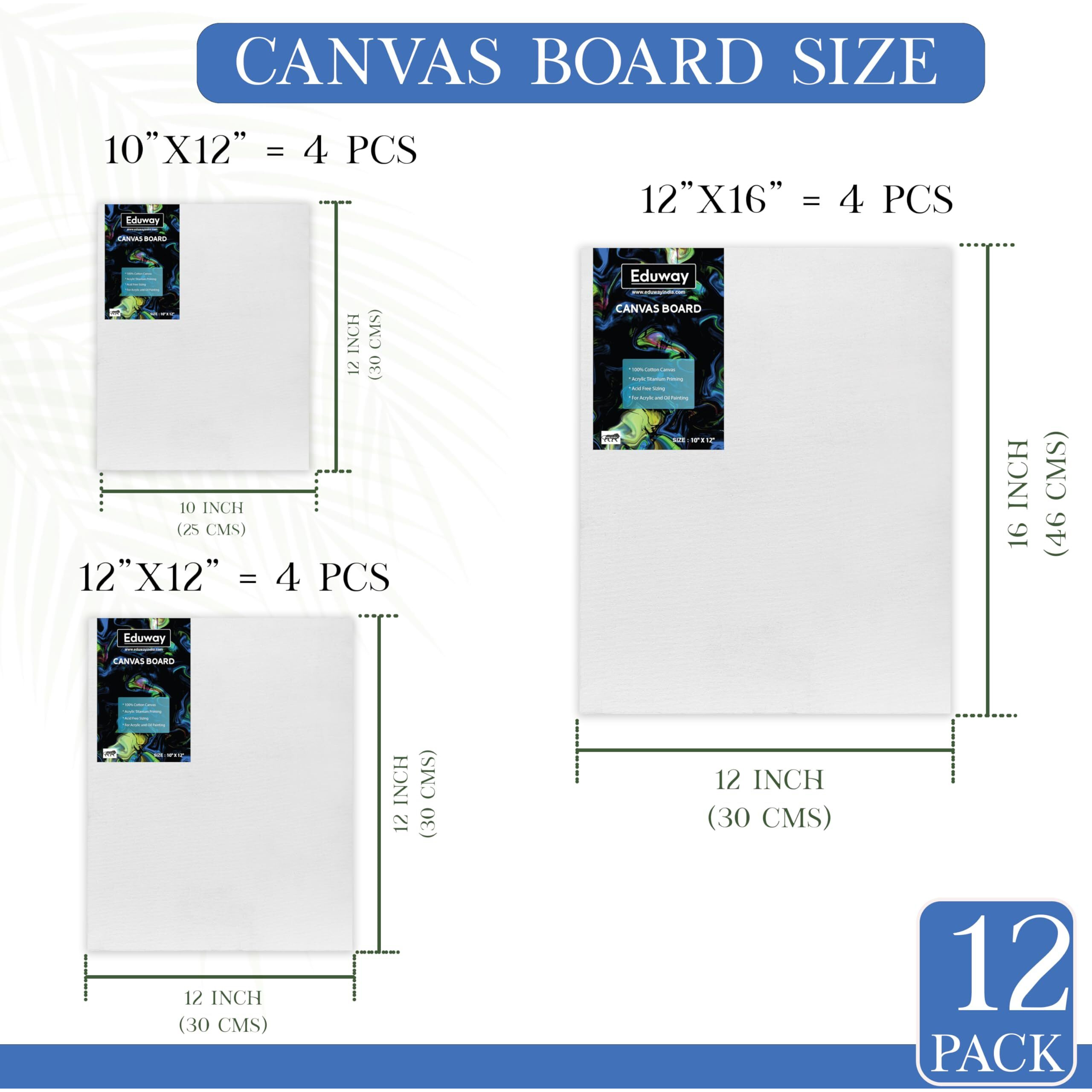 Eduway Canvas Board For Painting- (10X12|12X12|12X16) 4 Each | Premium Quality 7Oz Pre-Primed Cotton Canvas Board For Artists & Beginners | Ideal For Acrylic, Oil, Gouache, Pastels Colors ( Pack Of 12) (25X30, 30X30, 30X40 Cms)