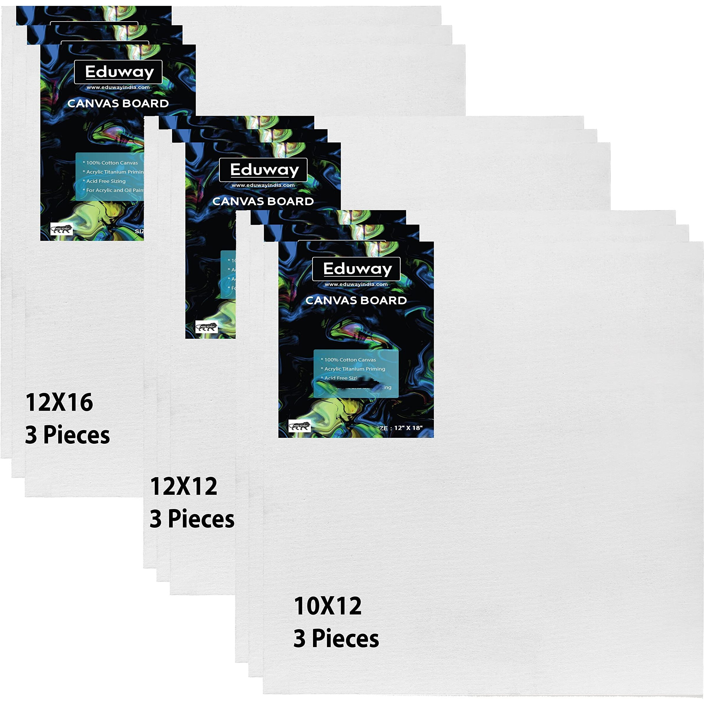 Eduway Canvas Board For Painting- (10X12|12X12|12X16) 3 Each | Premium Quality 7Oz Pre-Primed Cotton Canvas Board For Artists & Beginners | Ideal For Acrylic, Oil, Gouache, Pastels Colors ( Pack Of 9) (25X30, 30X30, 30X40 Cms)