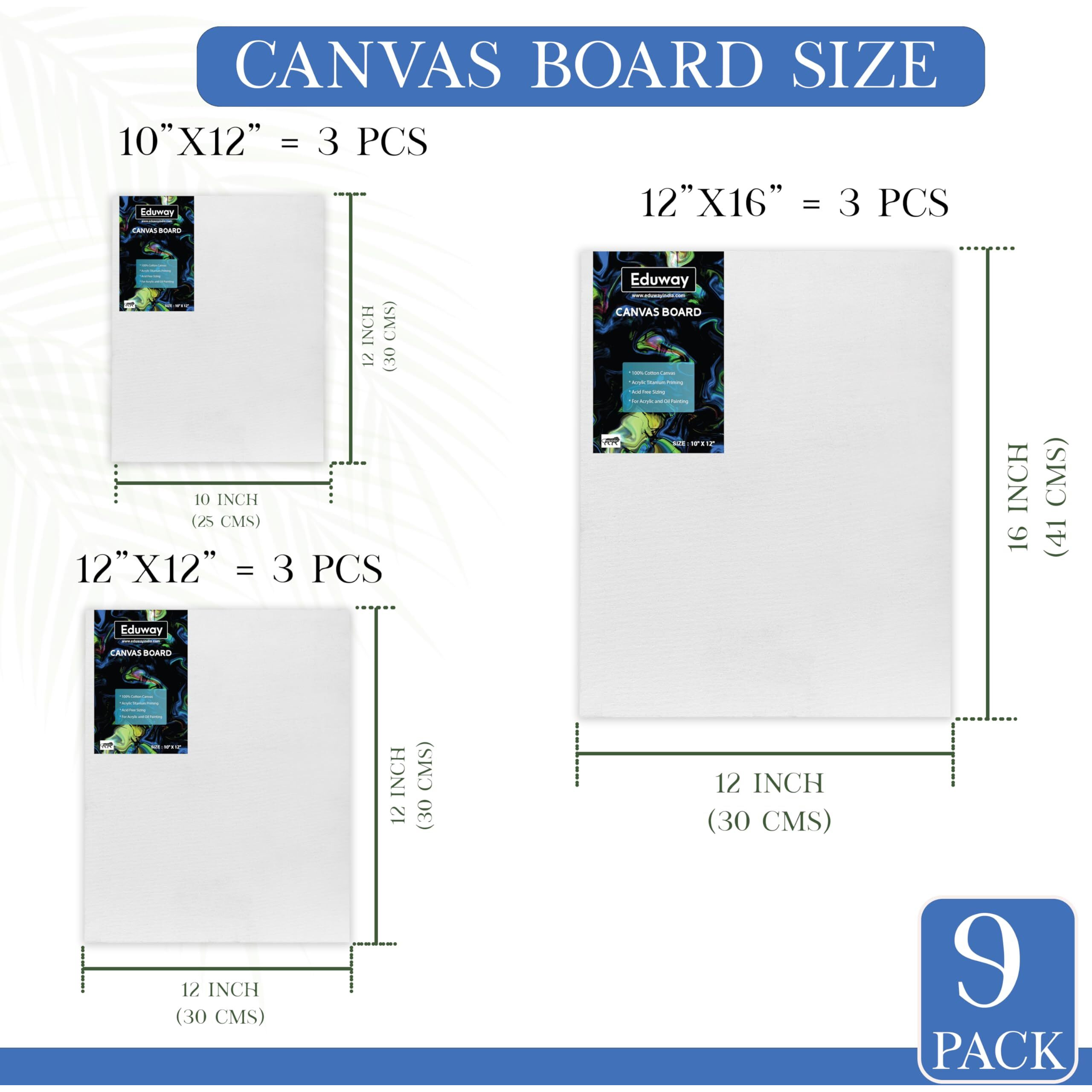 Eduway Canvas Board For Painting- (10X12|12X12|12X16) 3 Each | Premium Quality 7Oz Pre-Primed Cotton Canvas Board For Artists & Beginners | Ideal For Acrylic, Oil, Gouache, Pastels Colors ( Pack Of 9) (25X30, 30X30, 30X40 Cms)
