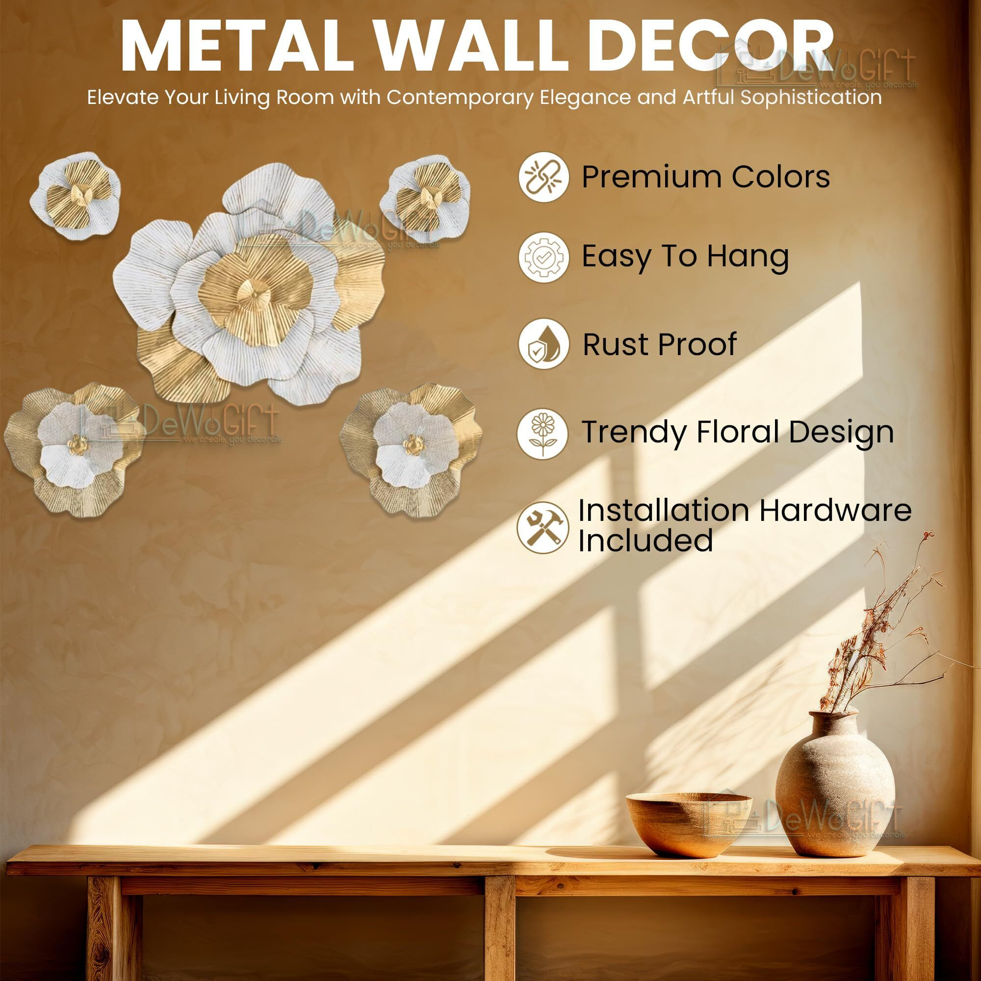 Dewogift Metal Wall Decor | Floral Metal Wall Art | Metal Wall Decor For Living Room | Office Wall Decor | Metal Wall Decor For Bedroom | Metal Art Wall Decor | Metal Decor Set Of 5