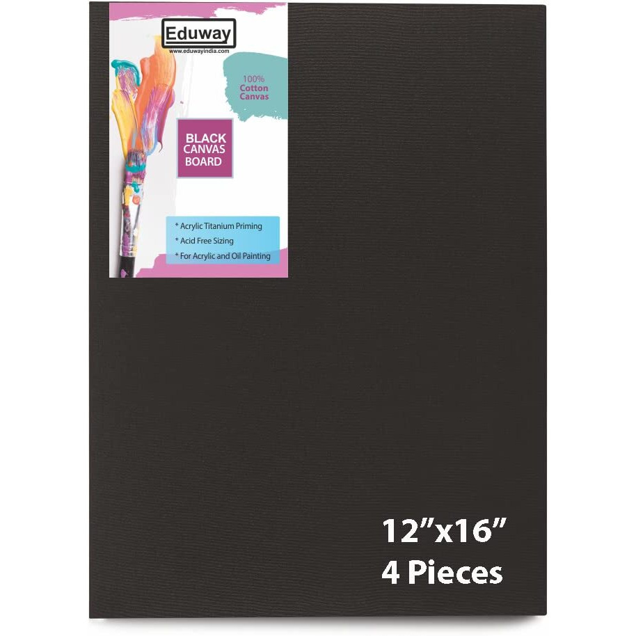 Eduway Medium Grain 12X16 Inch Cotton Black Canvas Board- Pack Of 4, (30X40 Cms) With 4Mm Mdf Board Backing, For Painting
