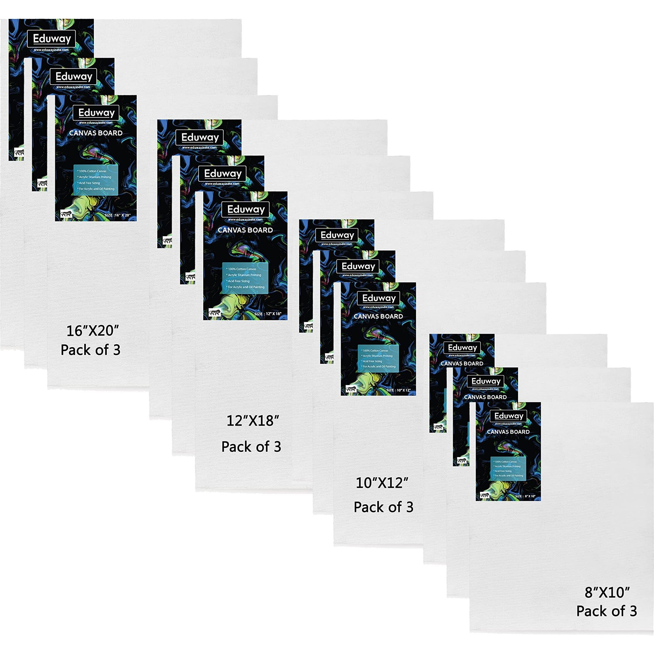 Eduway Cotton Canvas Board Combo- Pack Of 12 (8X10|10X12|12X18|16X20) With 4Mm Mdf Board Backing, For Painting