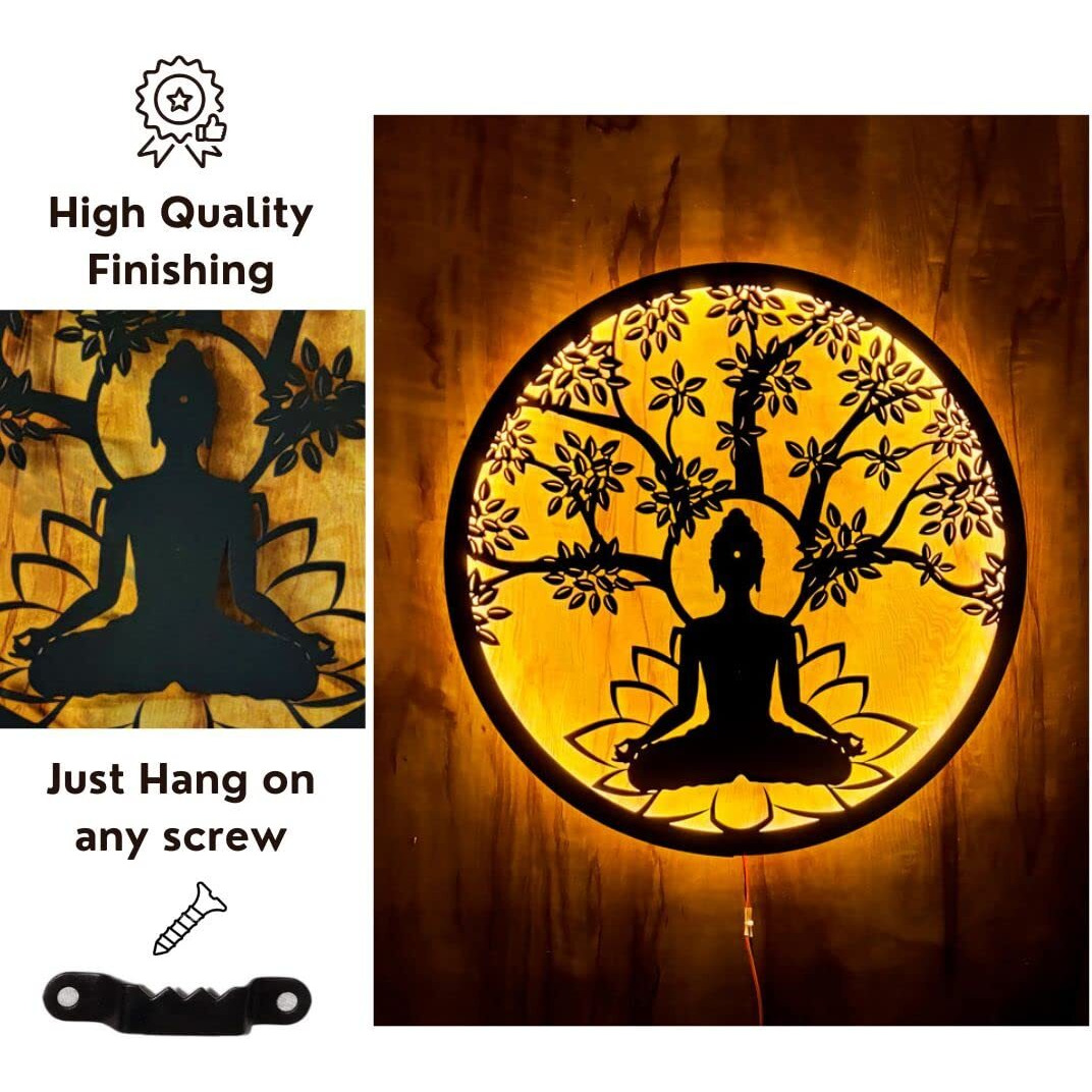 Eu Enlighten Your Space With Buddha Metal Wall Art - Led-Lit, Stunning Living Room & Bedroom Decor - Perfect Home Decor (50X50 Cm)