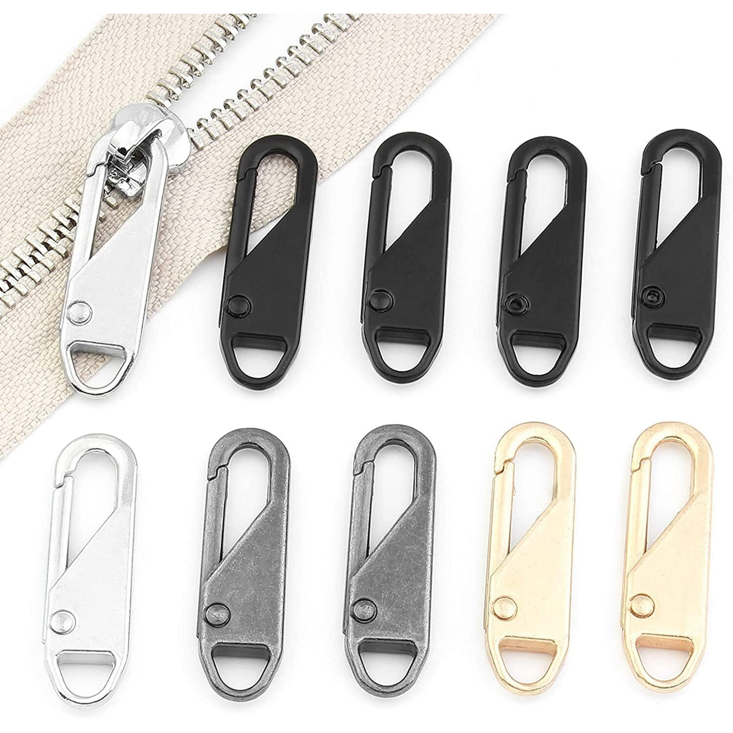 Bestaqua 15 Pcs Zipper Pull Replacement Metal Zipper Gripper Mend Fixer Zipper Tab Pullers Zipper Sliders For Suitcases Coat Boots Jacket Backpacks (Black,Silver,Golden)