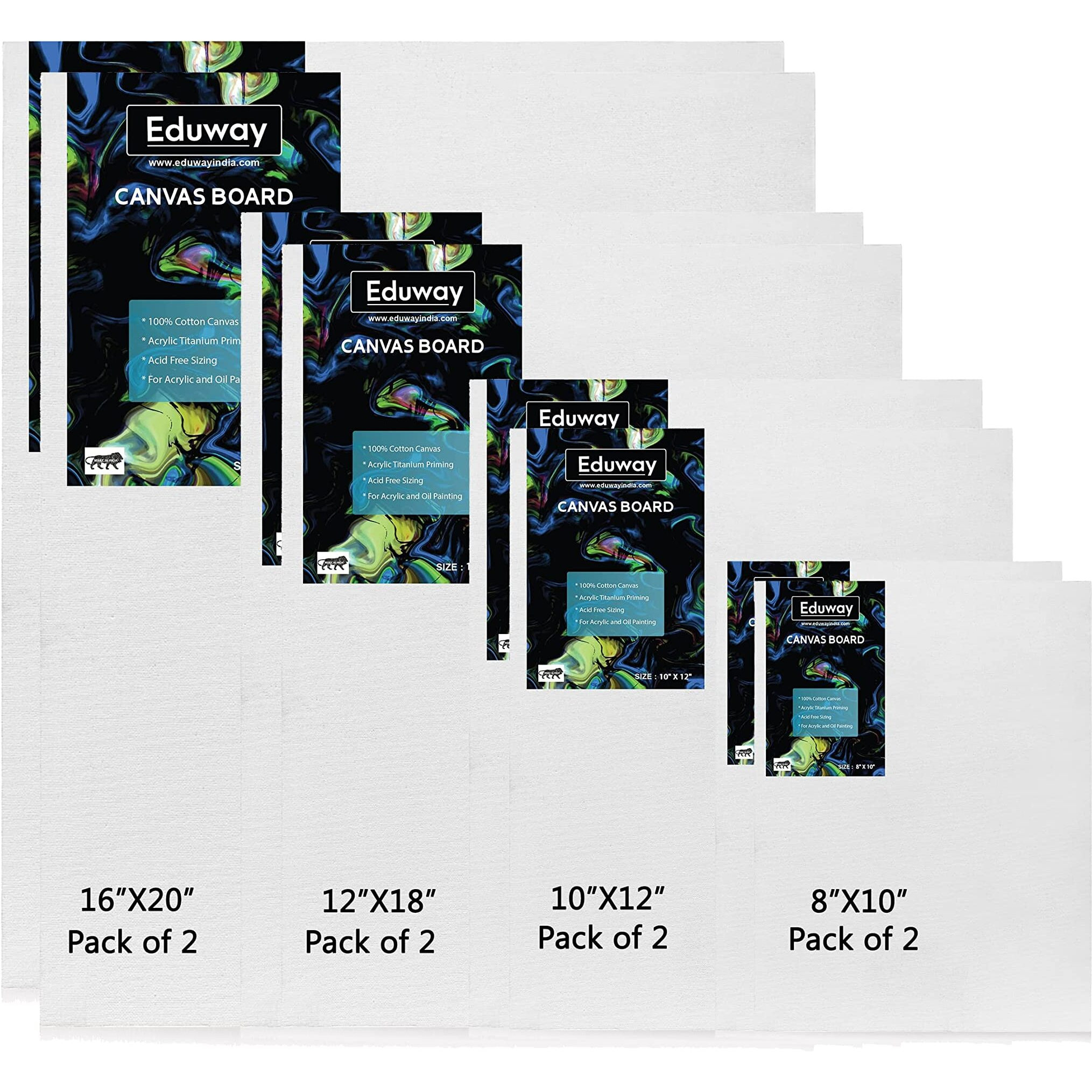 Eduway Canvas Board For Painting- (8X10 | 10X12 | 12X18|16X20) 2 Each | Premium Quality 7Oz Pre-Primed Cotton Canvas Board For Artists & Beginners | Ideal For Acrylic, Oil, Gouache, Pastels Colors ( Pack Of 8) (20X25, 25X30, 30X45, 46X50 Cms).