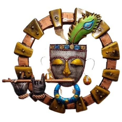 Anshika International Krishna Playing Basuri Round Frame Metal Wall Hanging Shri Krishna Idol Kanha Ji Playing Flute For Decoration Home, Office (Size 23 Inch)