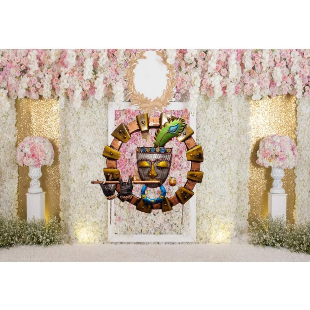 Anshika International Krishna Playing Basuri Round Frame Metal Wall Hanging Shri Krishna Idol Kanha Ji Playing Flute For Decoration Home, Office (Size 23 Inch)