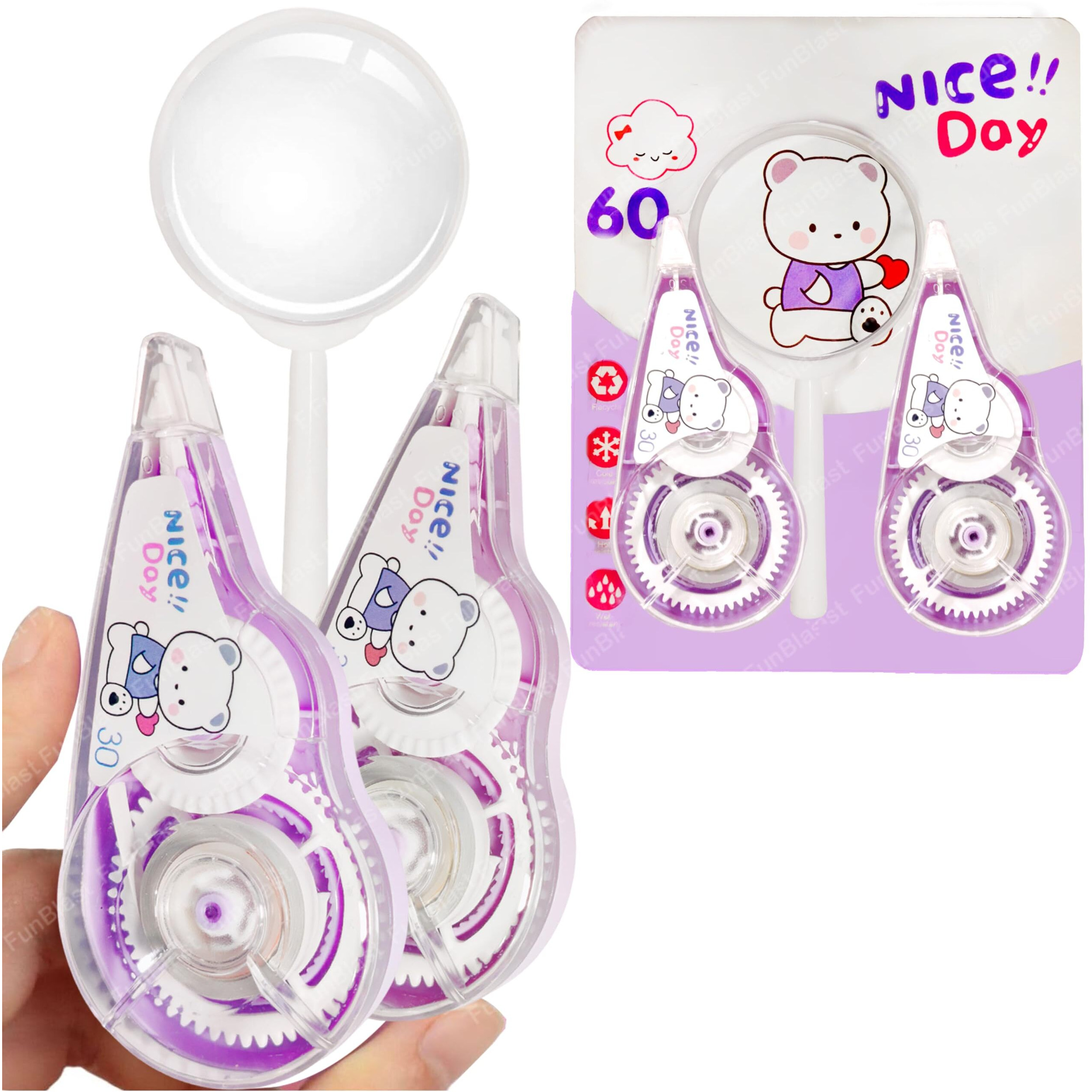 Funblast Correction Tape - Pack Of 2 Pcs Correction Tape With Magnifier Glass, Correction Pen 30 Meter X 5 Mm, For Journal, Whitener For Correction, Stationary Items, Correction Pen Tape (Purple)