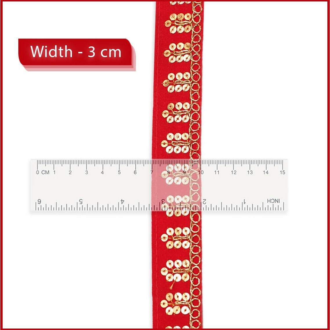 Embroiderymaterial Ethnic Velvet Lace With Golden Zari & Sequins Trim Laces And Borders Material For Saree, Lehenga, Dupatta, Craft, Diy Projects (3 Cm Wide, 8 Meters Length) (Red)