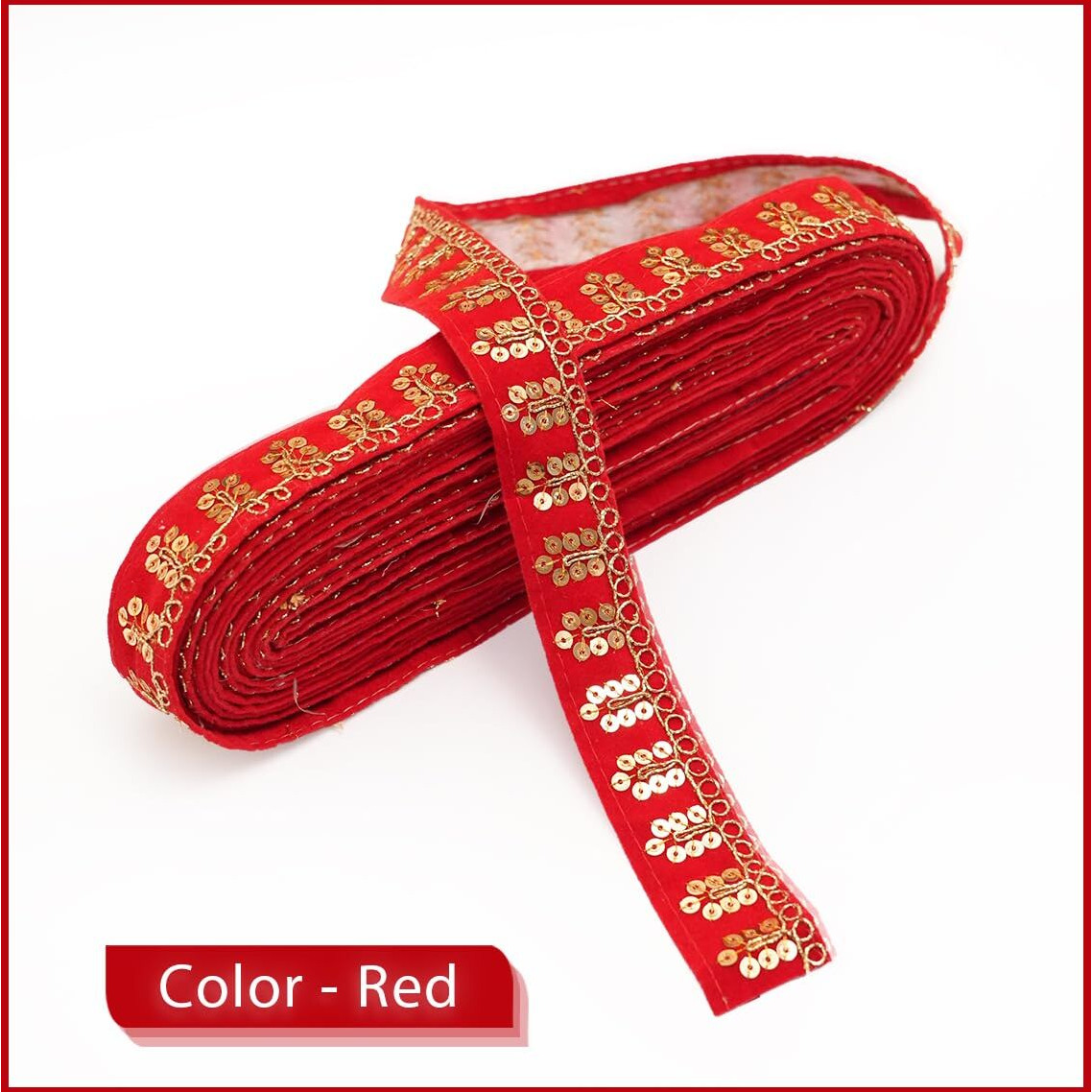 Embroiderymaterial Ethnic Velvet Lace With Golden Zari & Sequins Trim Laces And Borders Material For Saree, Lehenga, Dupatta, Craft, Diy Projects (3 Cm Wide, 8 Meters Length) (Red)