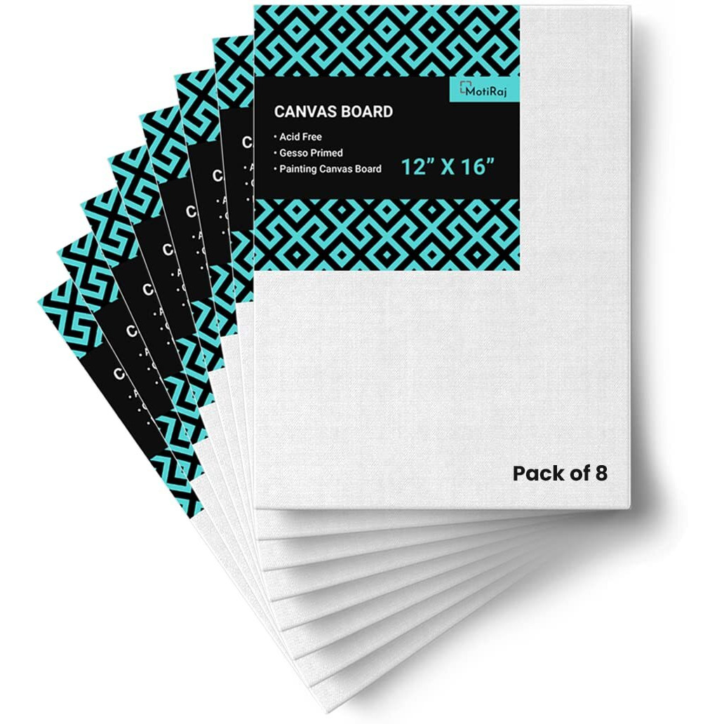Motiraj Cotton White Blank Canvas Boards For Painting, Acrylic Paint, Oil Paint Dry & Wet Art Media|12" X 16" | Pack Of 8