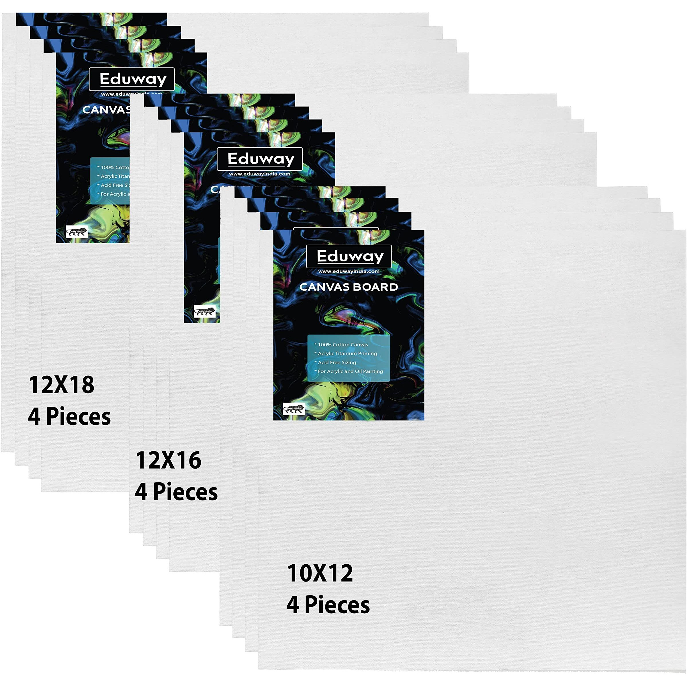 Eduway Canvas Board For Painting- (10X12|12X16|12X18) 4 Each | Premium Quality 7Oz Pre-Primed Cotton Canvas Board For Artists & Beginners | Ideal For Acrylic, Oil, Gouache, Pastels Colors ( Pack Of 12) (25X30,30X40, 30X46 Cms)