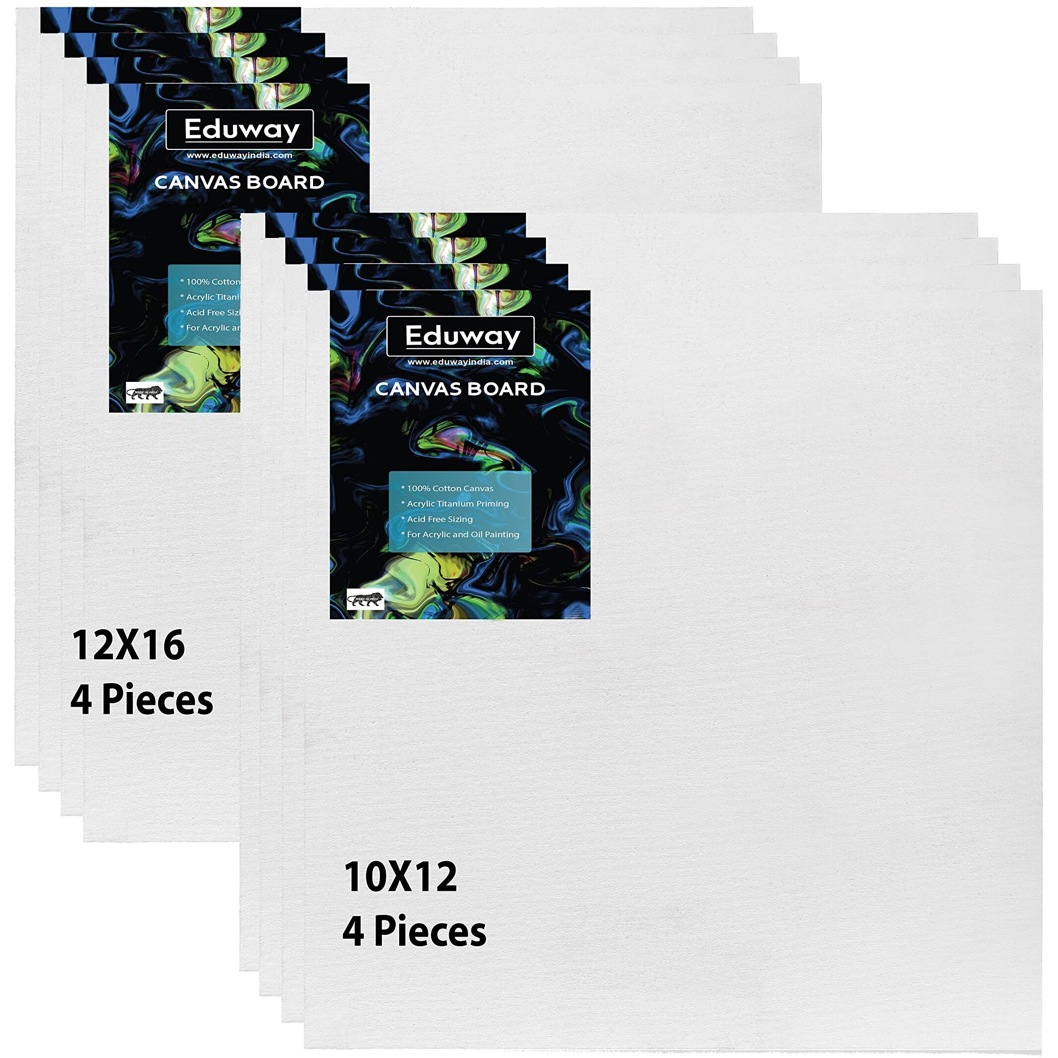 Eduway Canvas Board For Painting- (10X12 |12X16) 4 Pcs Each | Premium Quality 7Oz Pre-Primed Cotton Canvas Board For Artists & Beginners | Ideal For Acrylic, Oil, Gouache, Pastels Colors ( Pack Of 8) (25X30, 30X41 Cms).
